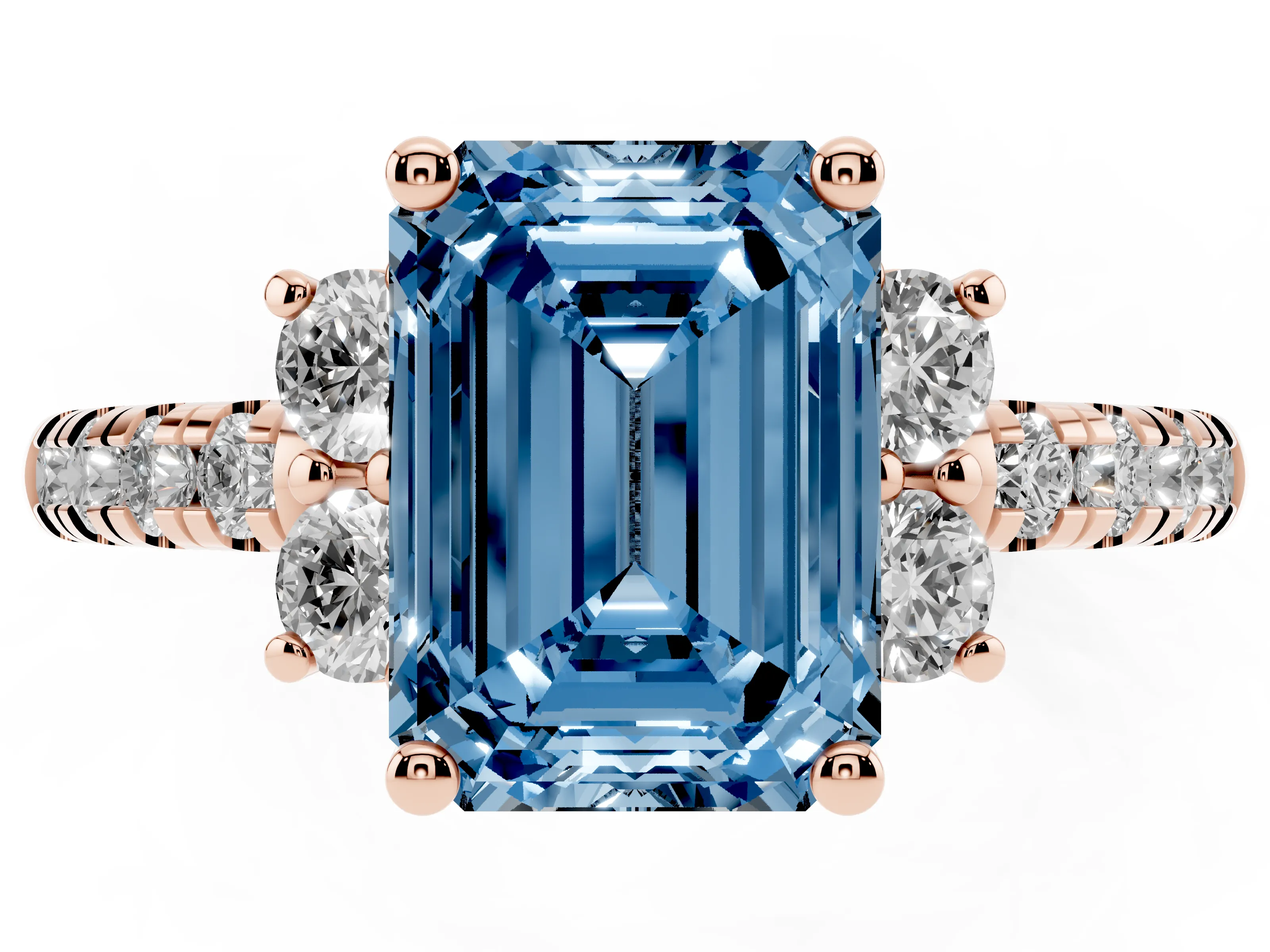 Fancy Blue Emerald Cut Diamond Three-Stone Pavé Ring Set in Rose gold with Prong Setting