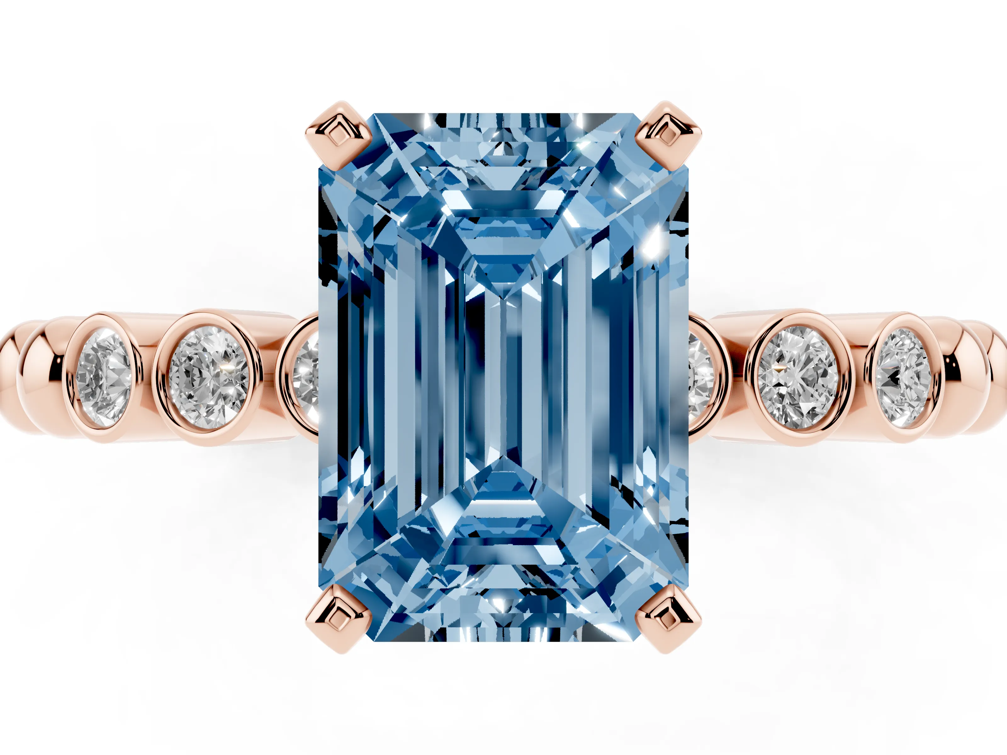 Fancy Blue Emerald Cut Diamond Solitaire Engagement Ring Set in Rose gold with Bezel Accents on Beaded Band