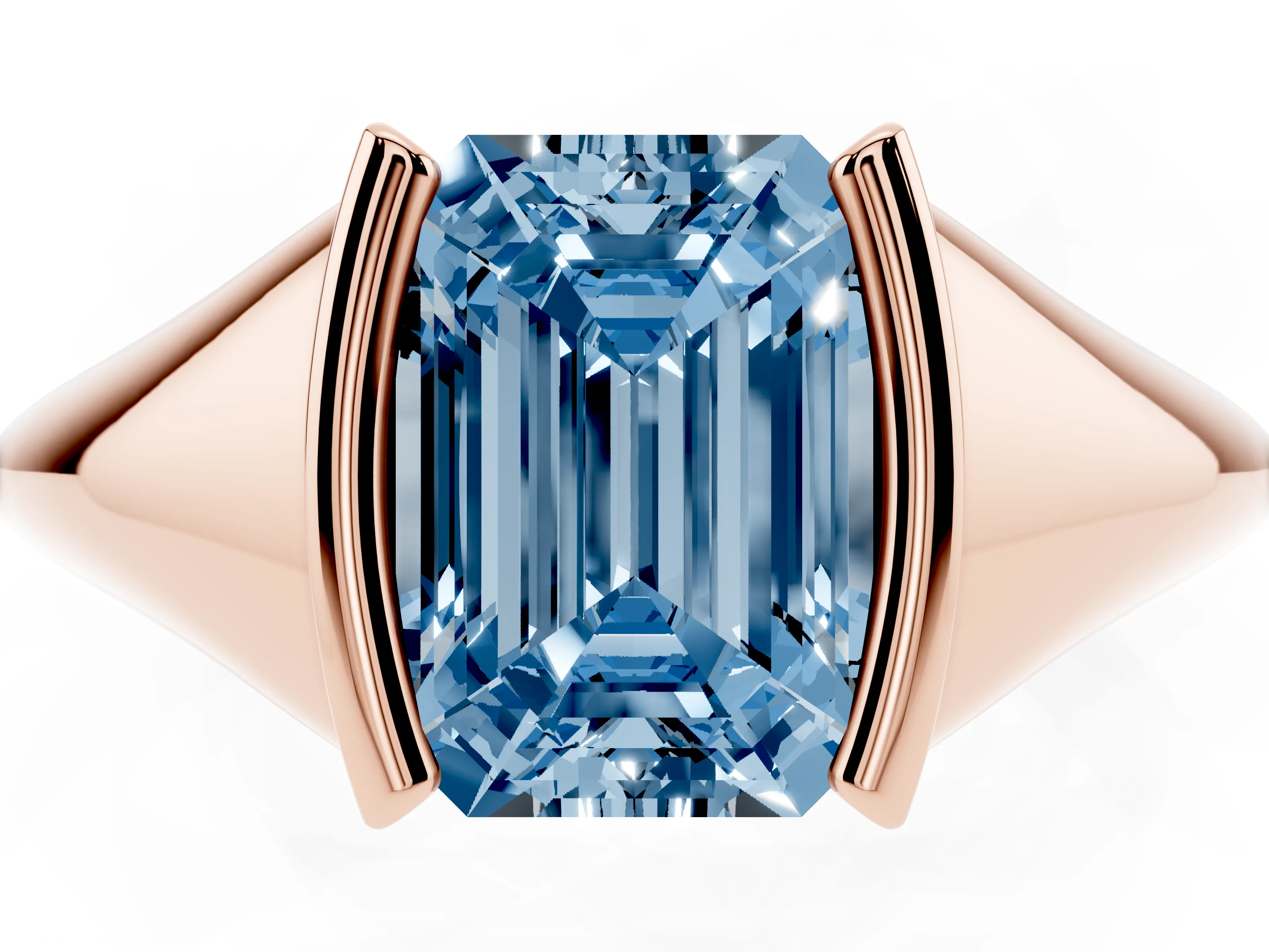 Fancy Blue Emerald Cut Diamond Solitaire Tension Set Ring Set in Rose gold