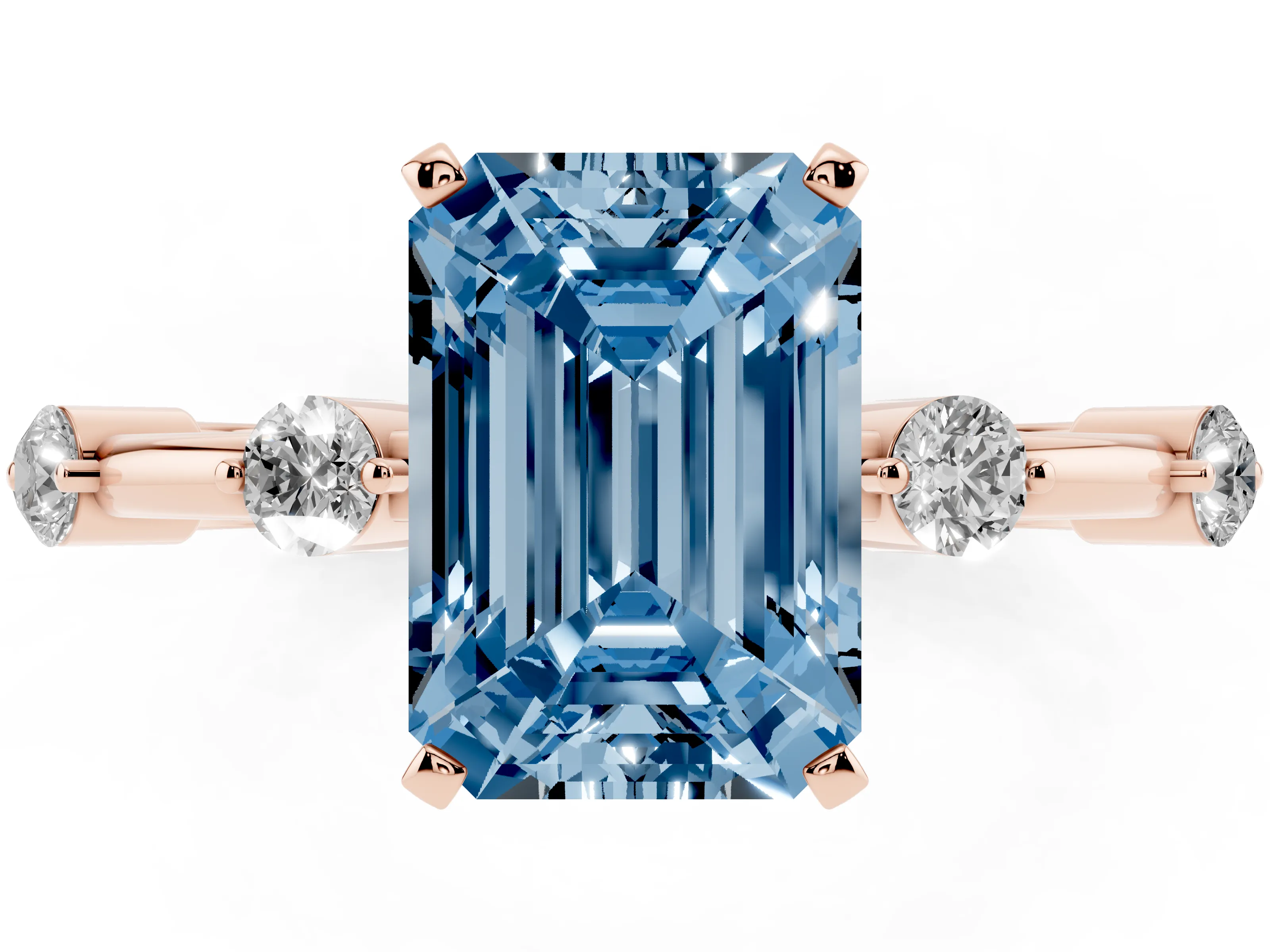 Fancy Blue Emerald Cut Diamond Solitaire Ring Set in Rose gold with Bezel Set Side Stones and Prong Setting