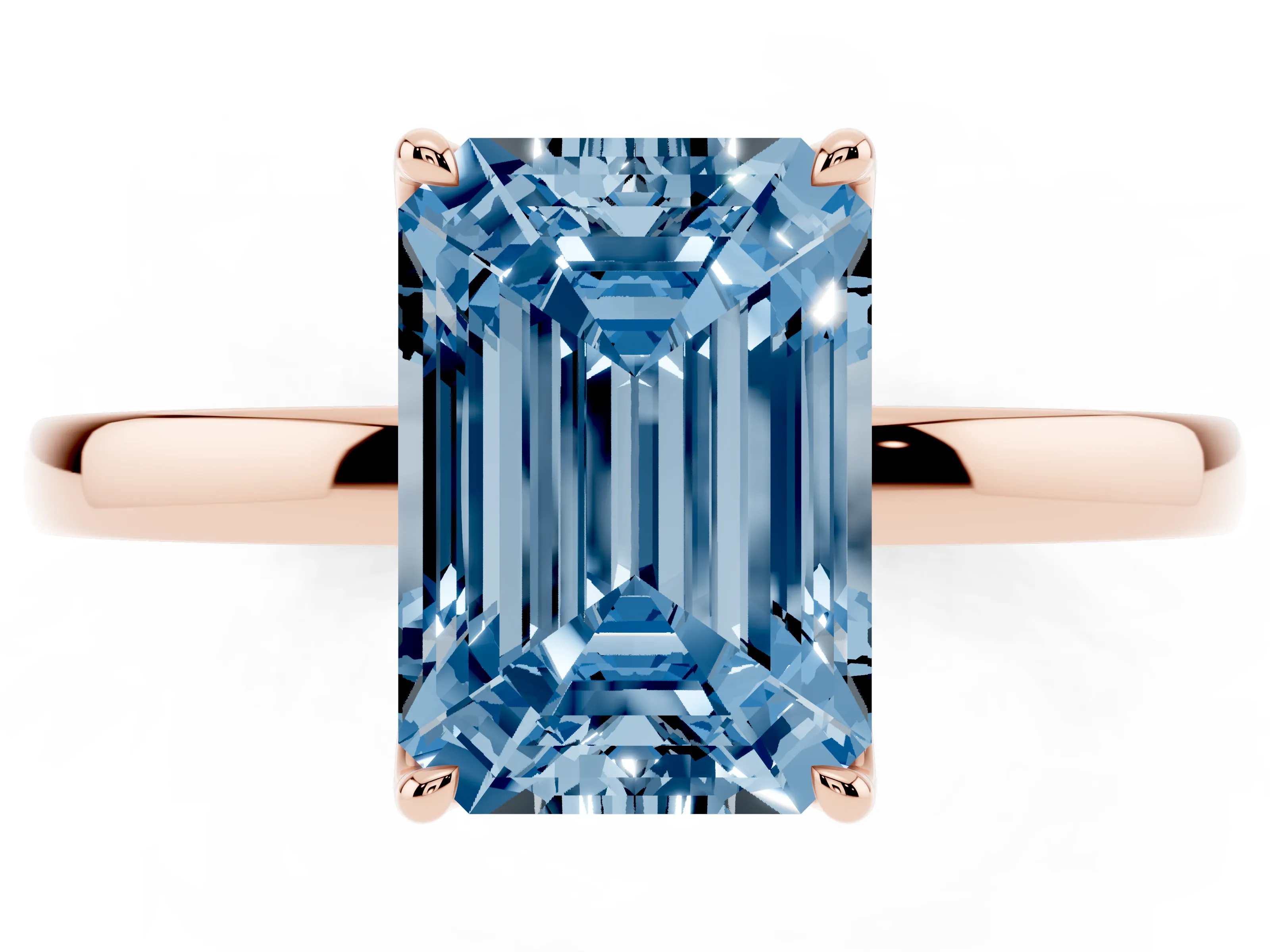 Fancy Blue Emerald Cut Diamond Solitaire Ring Set in Rose gold with Prong Setting and Thin Polished Band
