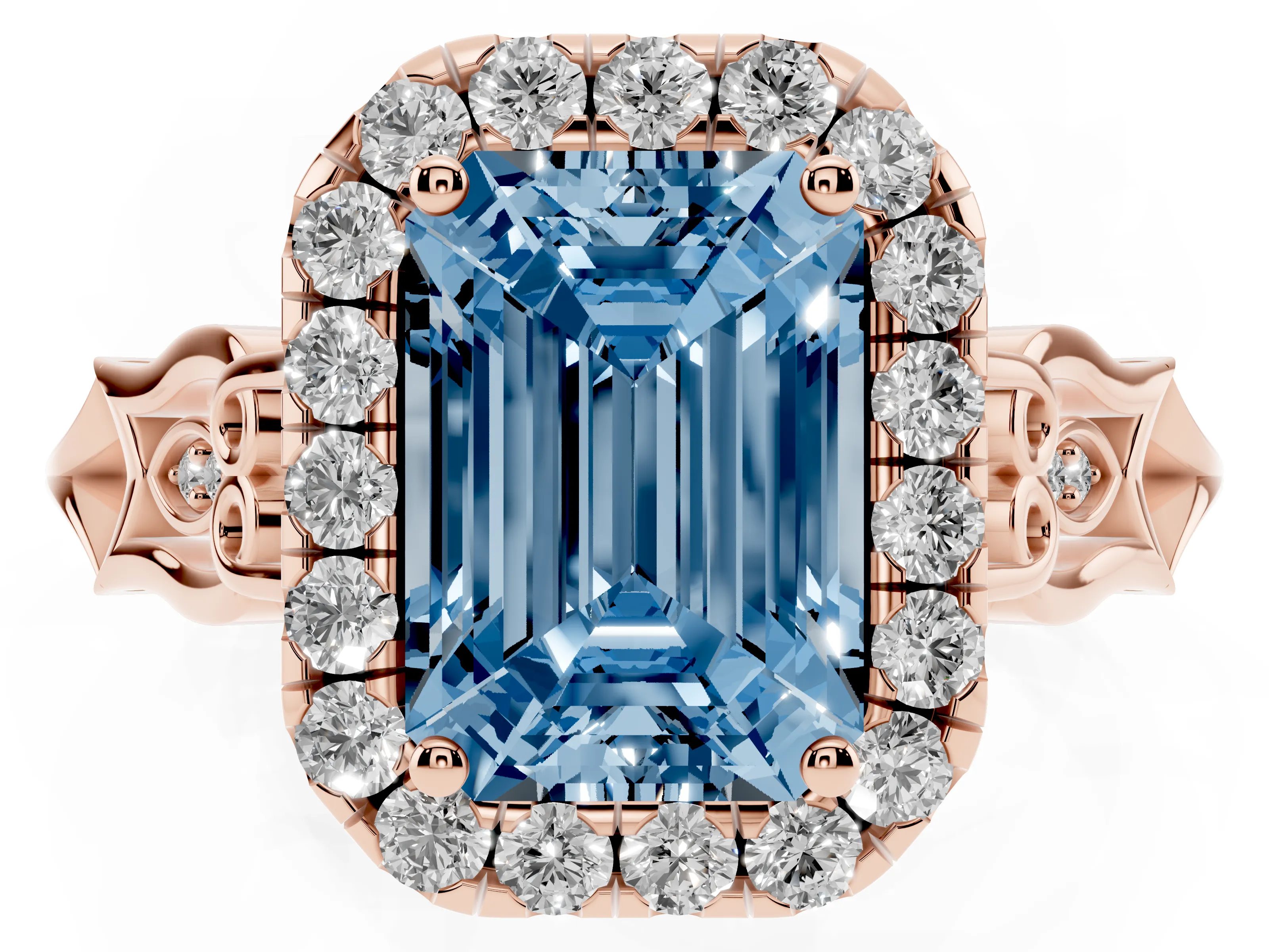 Fancy Blue Emerald Cut Diamond Halo Engagement Ring Set in Rose gold with Filigree Band and Prong-Set Center