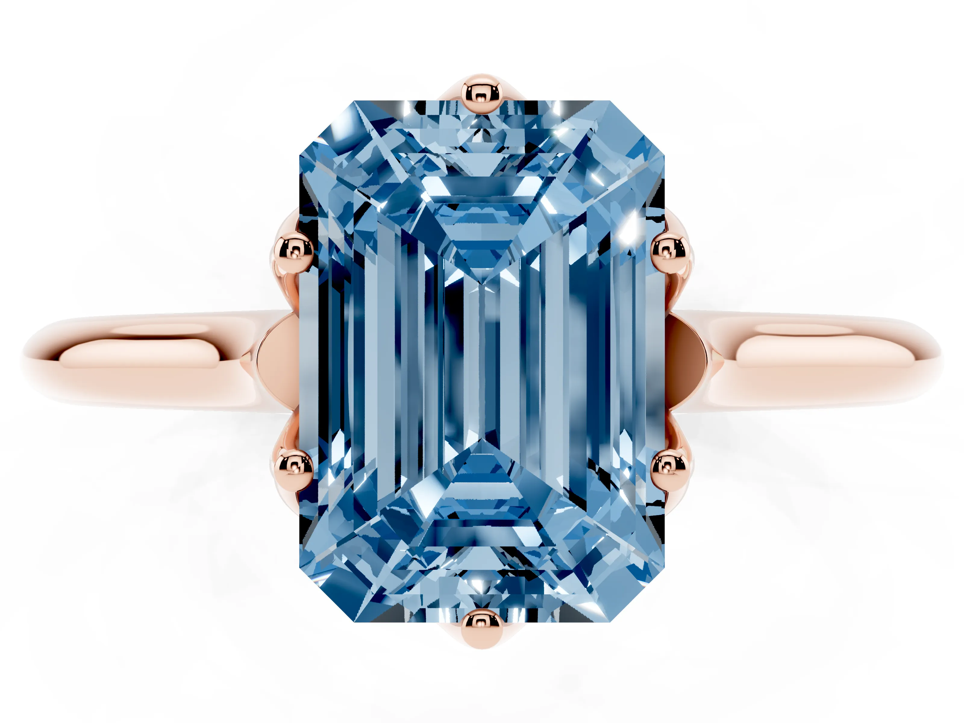 Fancy Blue Emerald Cut Diamond Solitaire Cathedral Ring Set in Rose gold with Prong Setting
