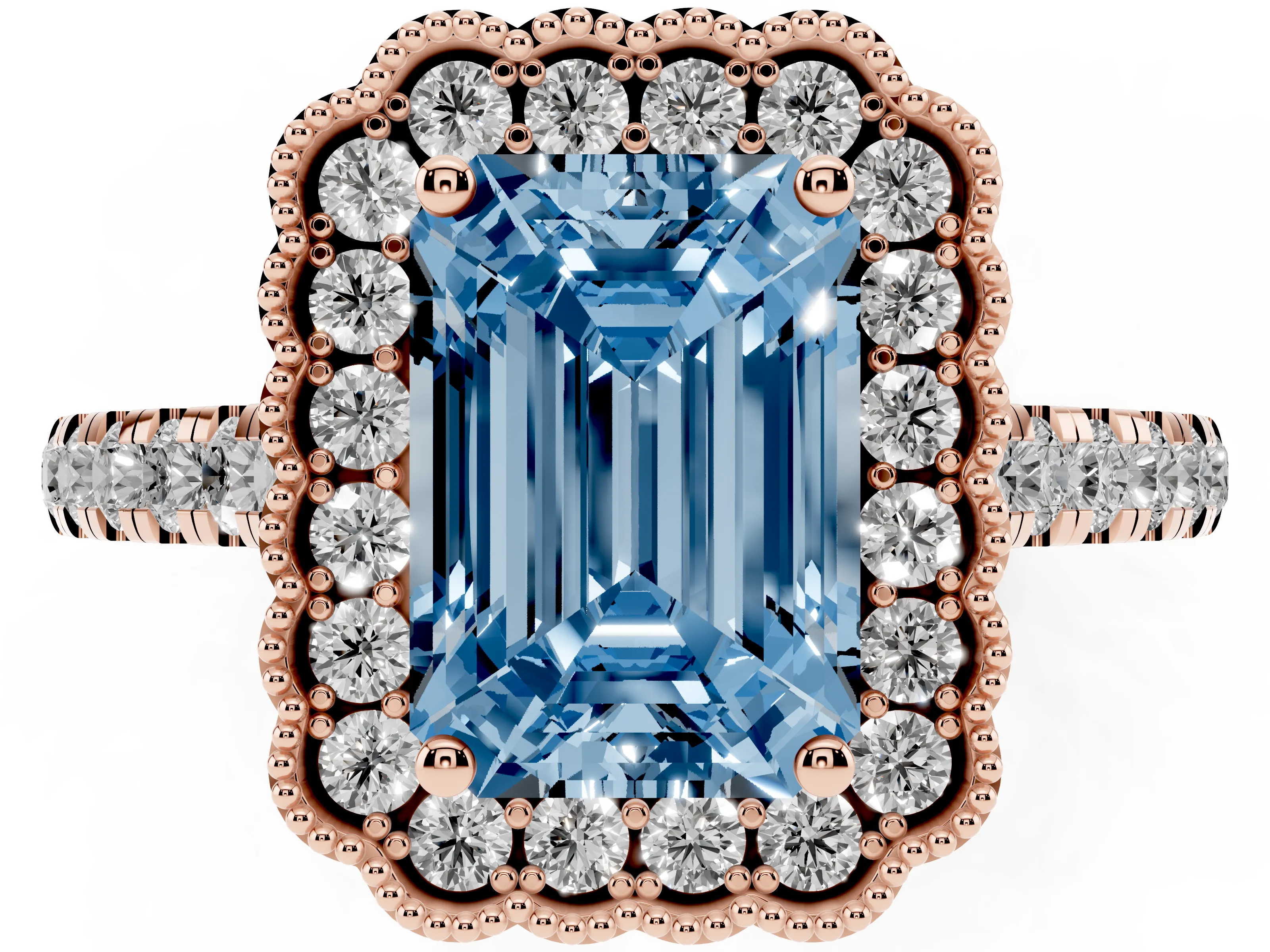 Fancy Blue Emerald Cut Diamond Milgrain Floral Halo Engagement Ring Set in Rose gold with Pavé Band
