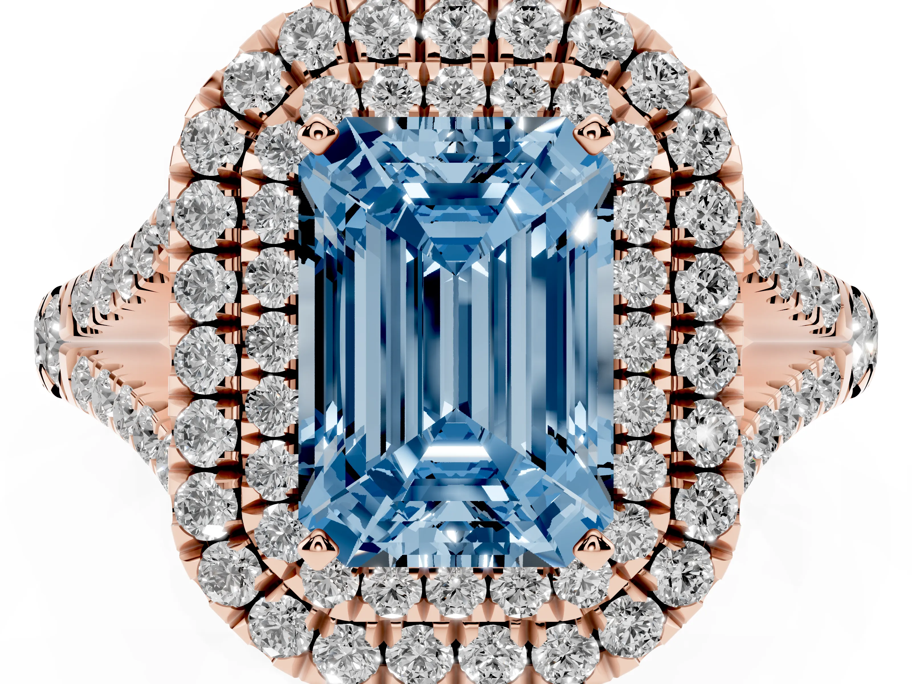 Fancy Blue Emerald Cut Diamond Pavé Split Shank Double Halo Engagement Ring Set in Rose gold