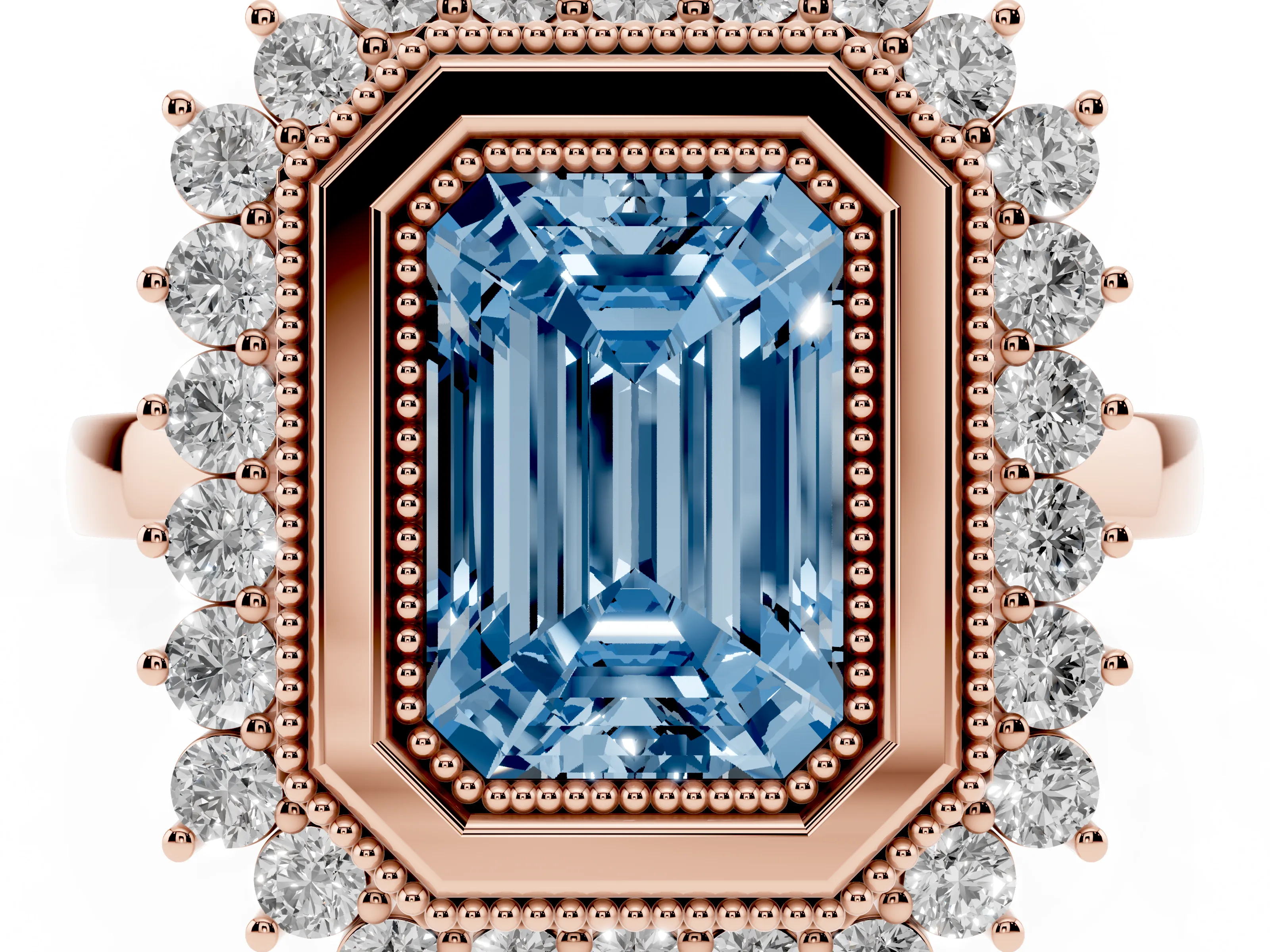 Fancy Blue Emerald Cut Diamond Halo Ring Set in Rose gold with Milgrain Edge and Round Prong Setting