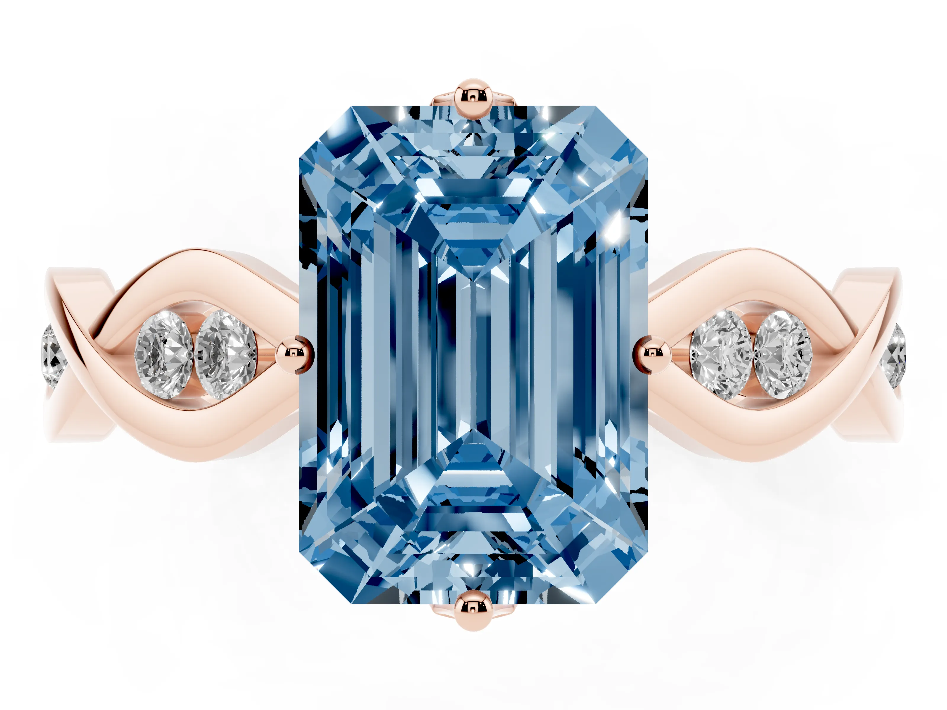Fancy Blue Emerald Cut Diamond Twist Band Solitaire Ring Set in Rose gold with Leaf Prong Setting and Accent Stones