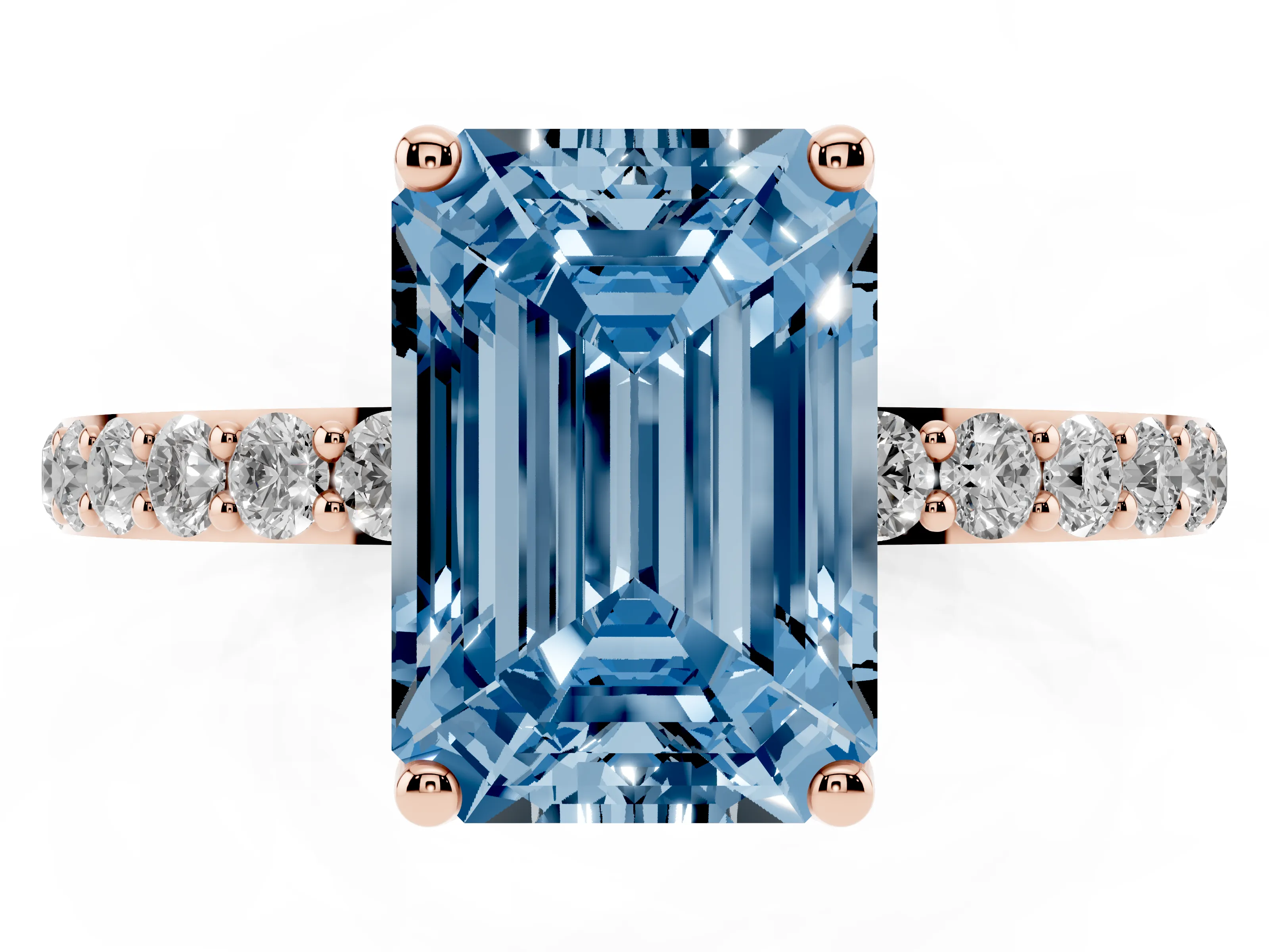 Fancy Blue Emerald Cut Diamond Solitaire Engagement Ring Set in Rose gold with Round Pavé Band and Prong Setting