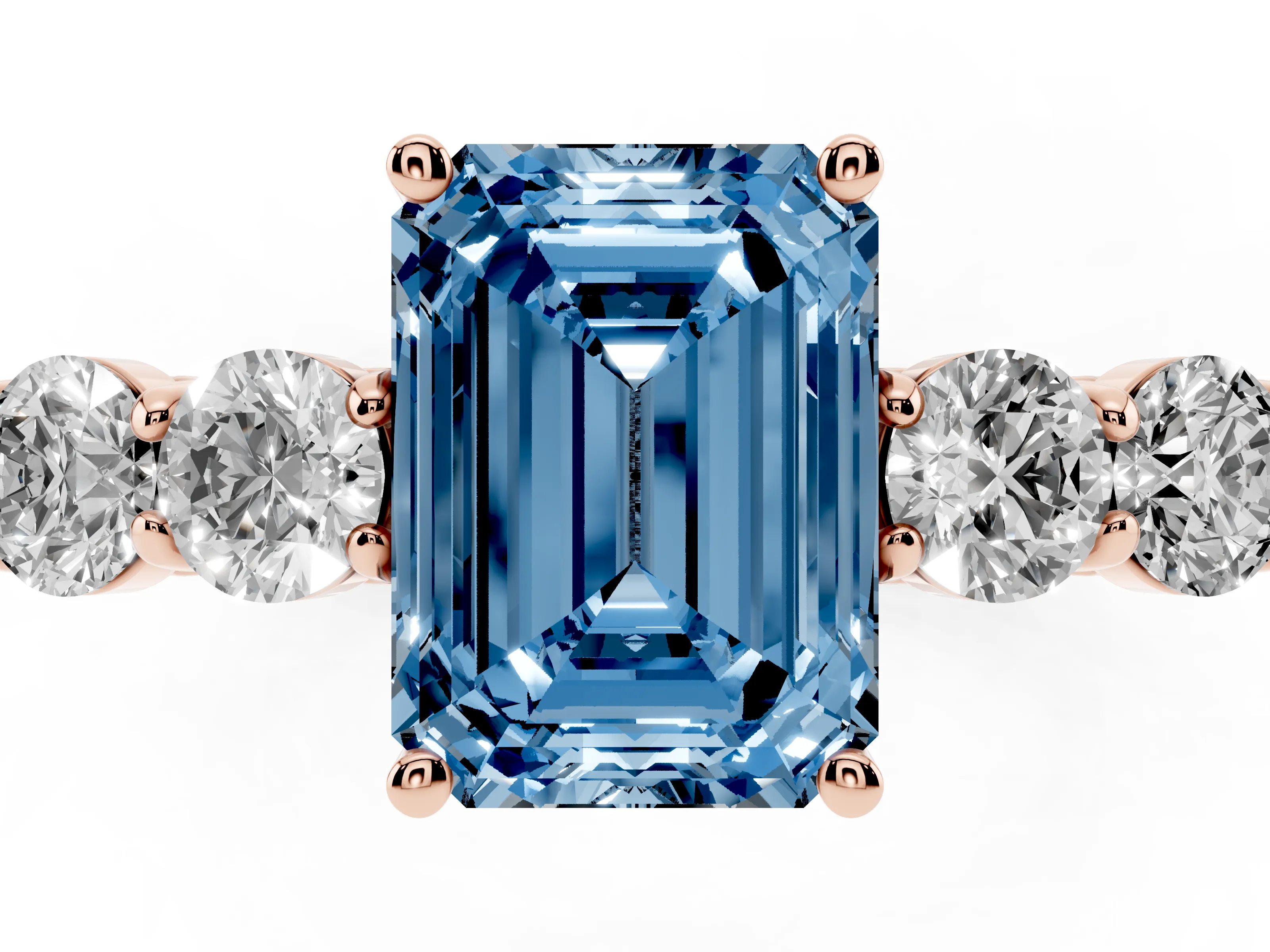 Fancy Blue Emerald Cut Diamond Five-Stone Prong Set Band Ring Set in Rose gold with Polished Band