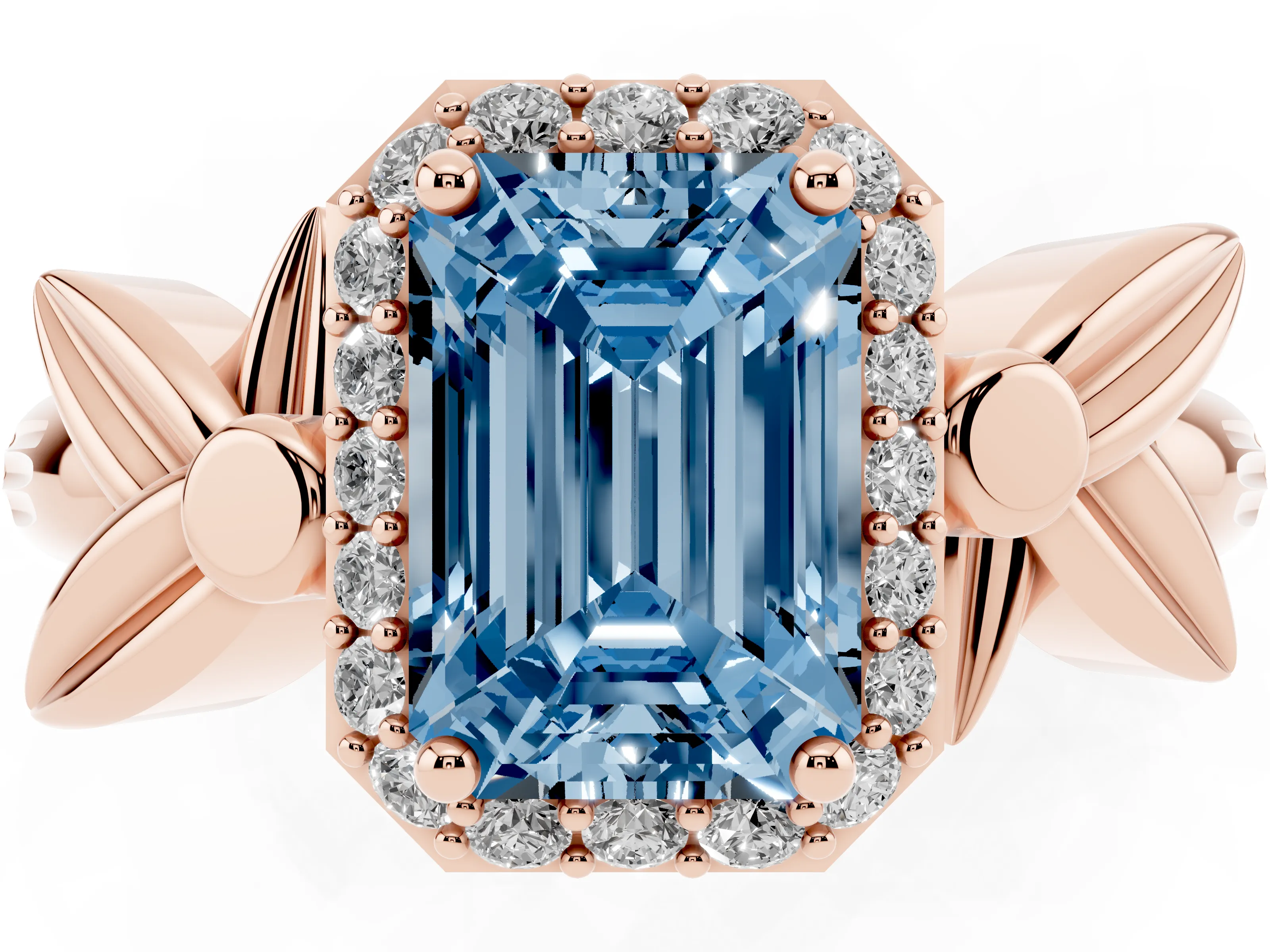 Fancy Blue Emerald Cut Diamond Halo Floral Band Ring Set in Rose gold with Prong Setting