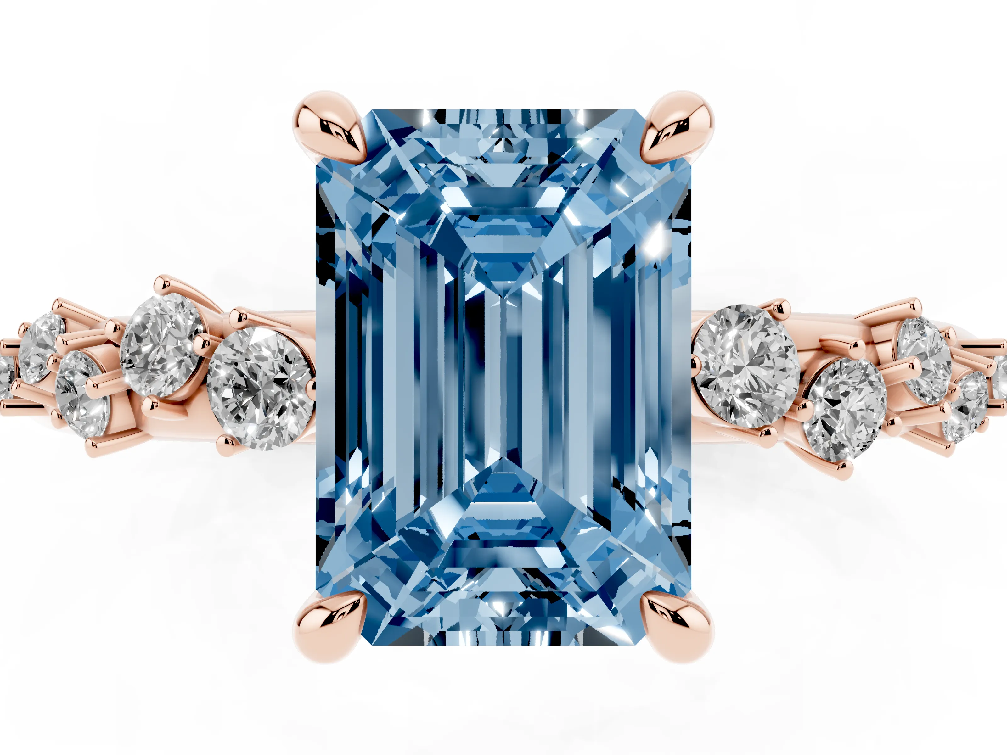 Fancy Blue Emerald Cut Diamond Solitaire Vine Band Ring Set in Rose gold with Round Accents and Prong Setting