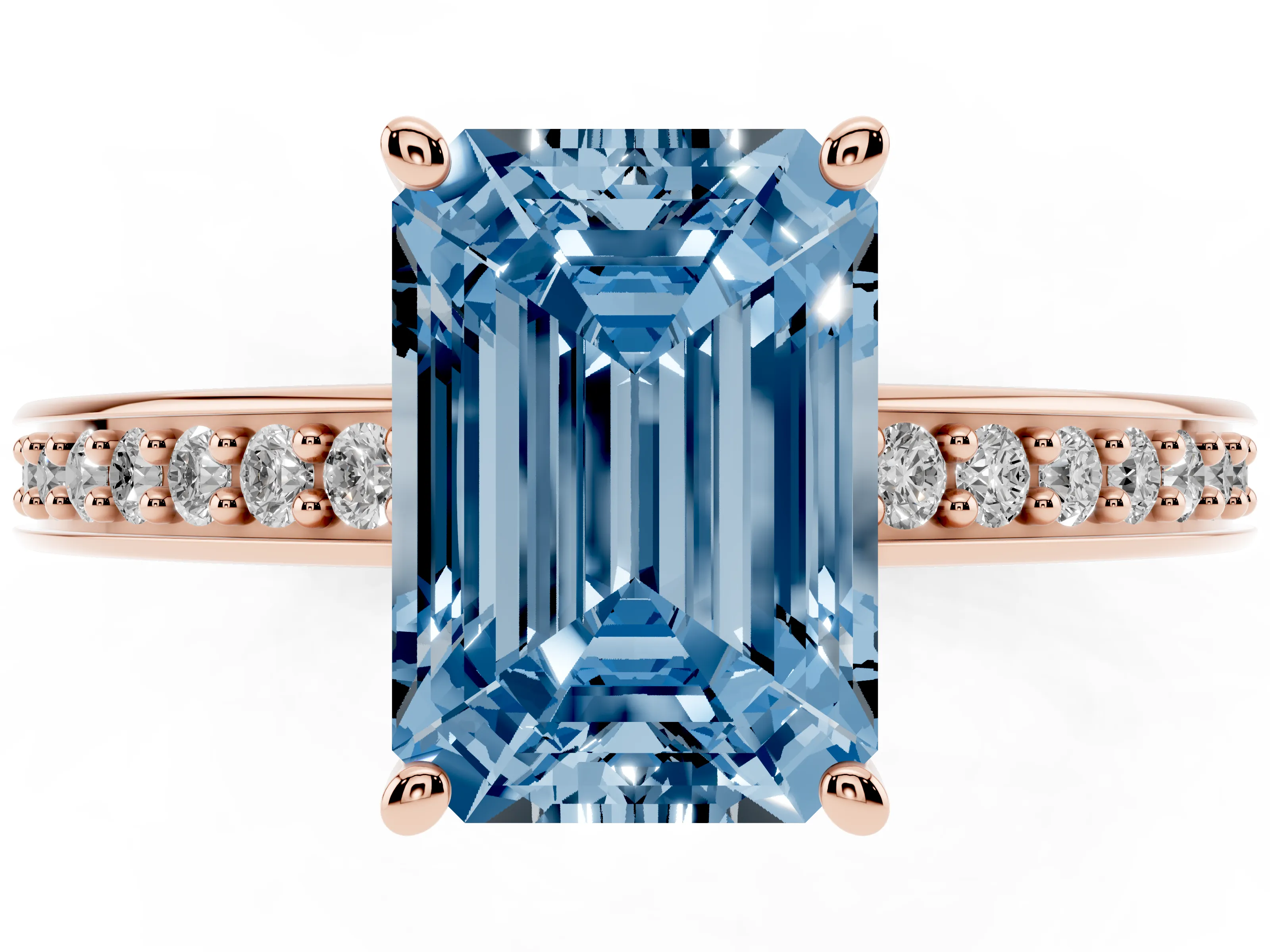 Fancy Blue Emerald Cut Diamond Pavé Band Prong Set Solitaire Ring Set in Rose gold