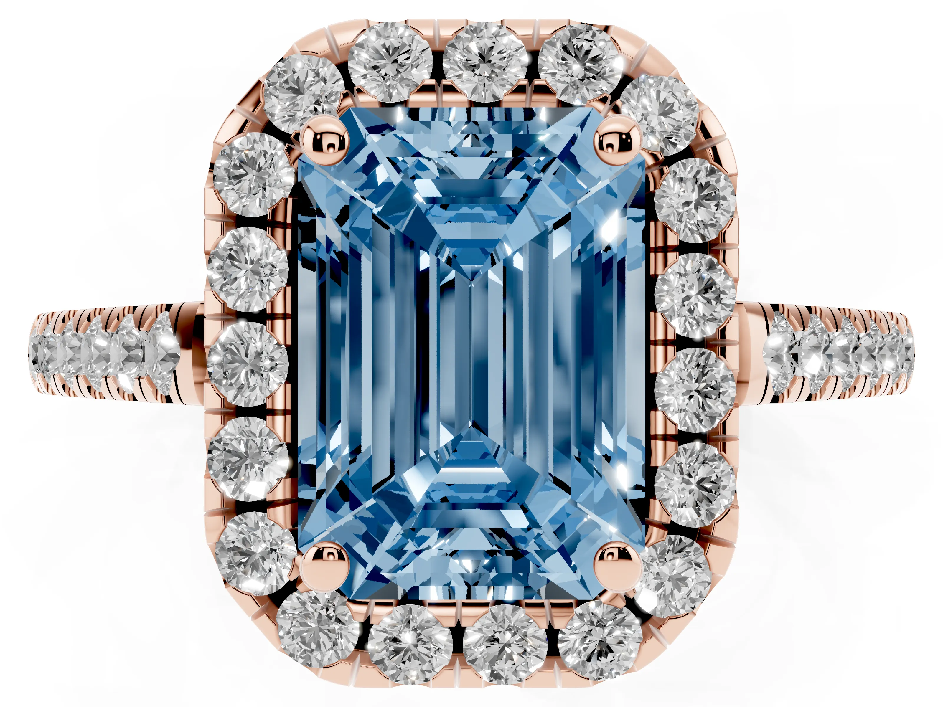 Fancy Blue Emerald Cut Diamond Pavé Halo Engagement Ring Set in Rose gold with Pavé Band and Prong Setting