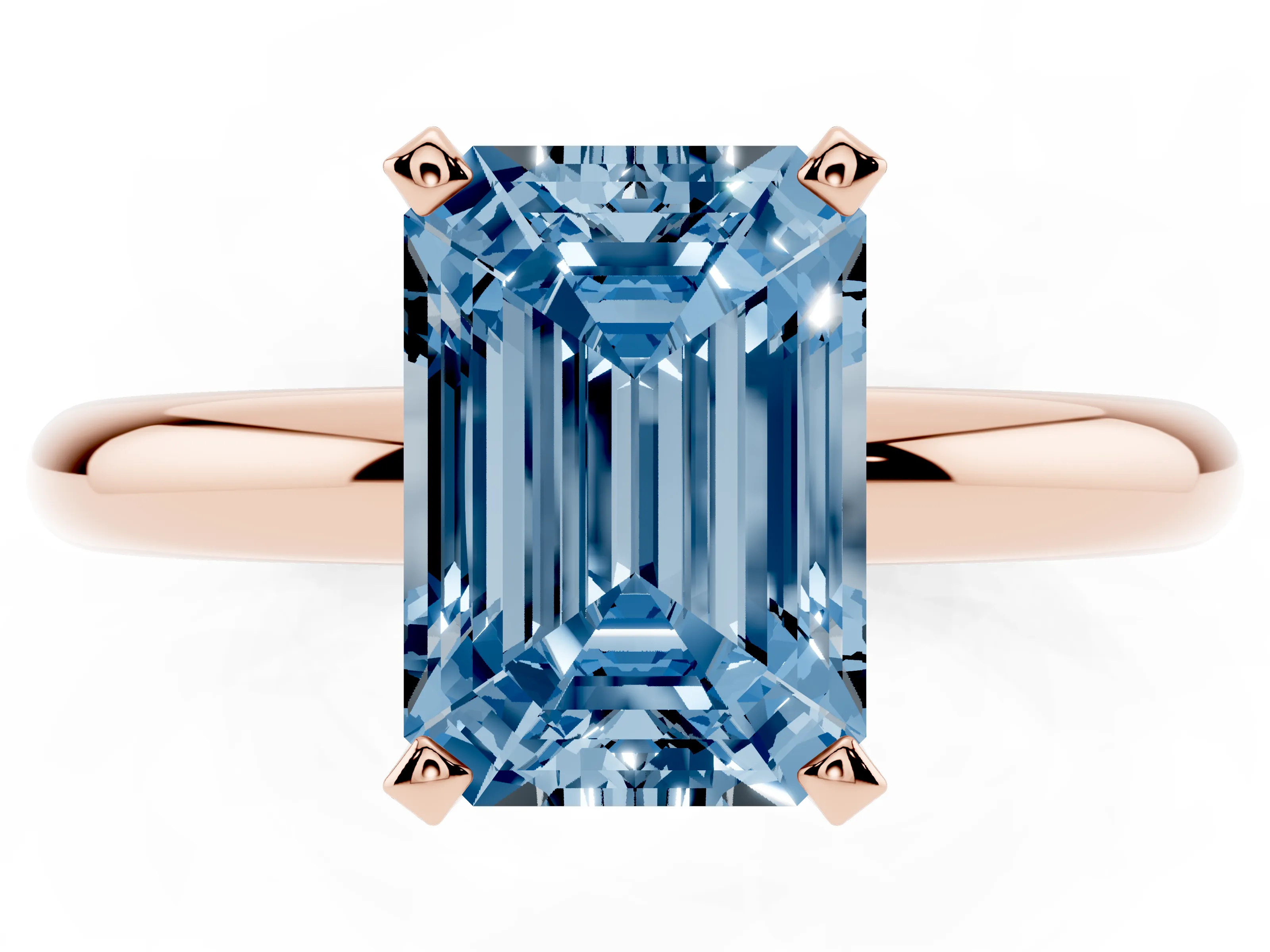 Fancy Blue Emerald Cut Diamond Solitaire Engagement Ring Set in Rose gold with Round Band and Prong Setting
