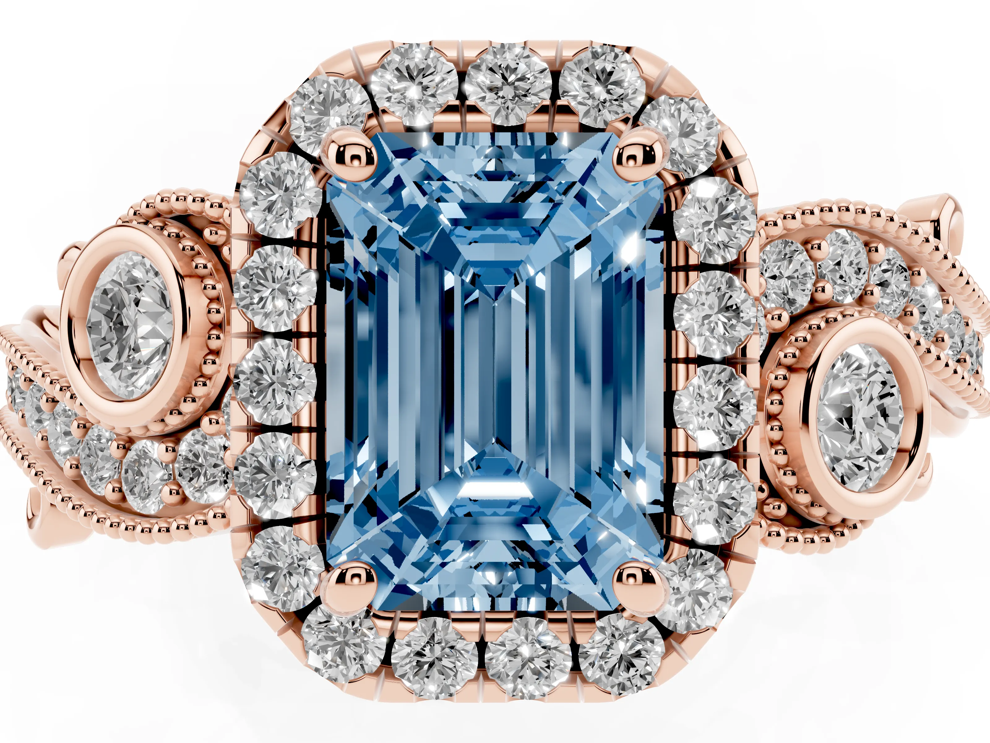 Fancy Blue Emerald Cut Diamond Halo Ring Set in Rose gold with Milgrain Pavé Band and Prong Setting