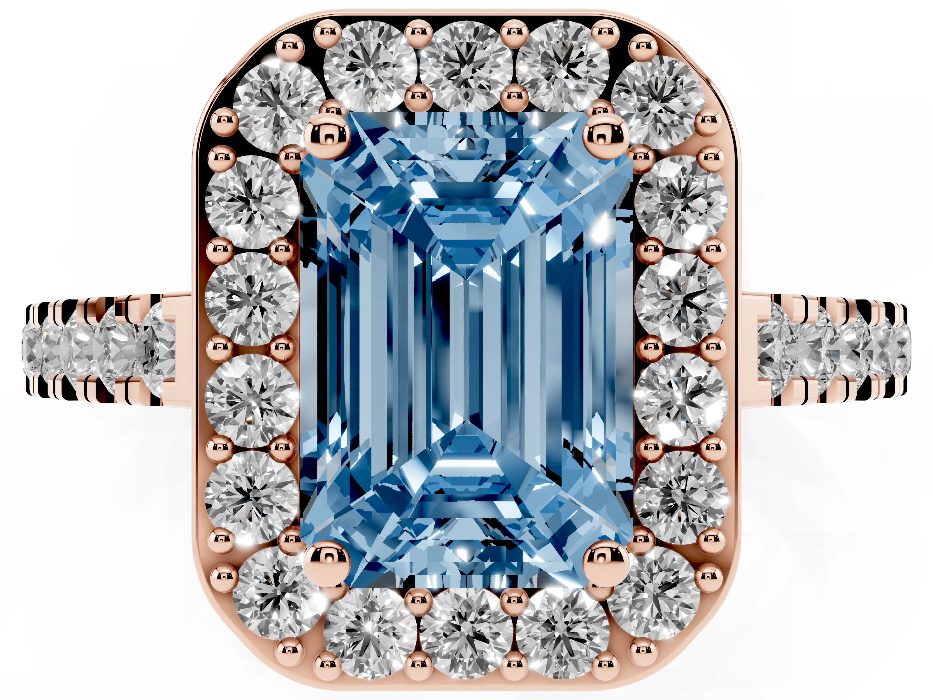 Fancy Blue Emerald Cut Diamond Halo Ring Set in Rose gold with Round Pavé Split Shank and Prong Setting