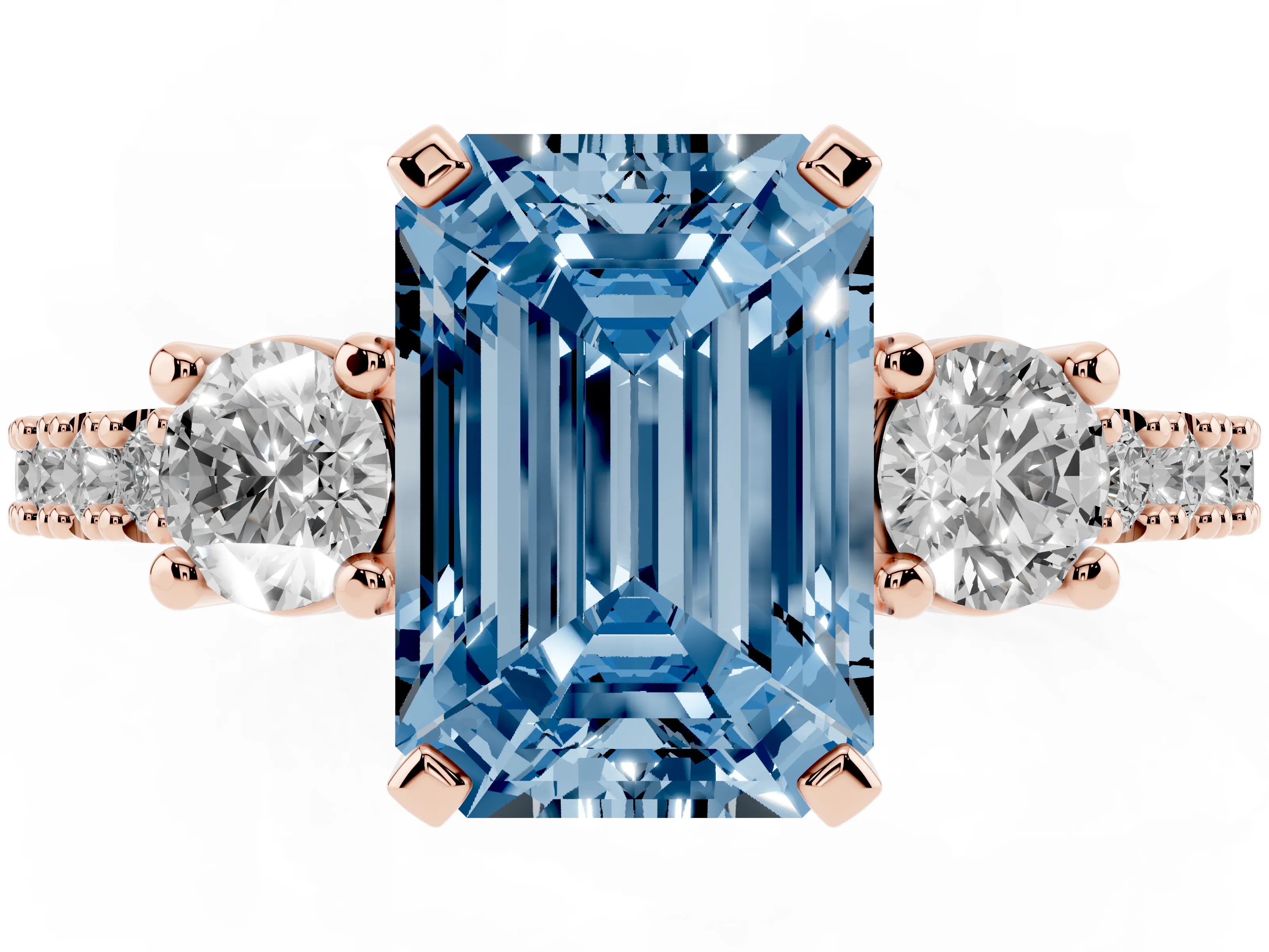 Fancy Blue Three-Stone Emerald Cut Diamond Pavé Band Ring Set in Rose gold with Prong Setting