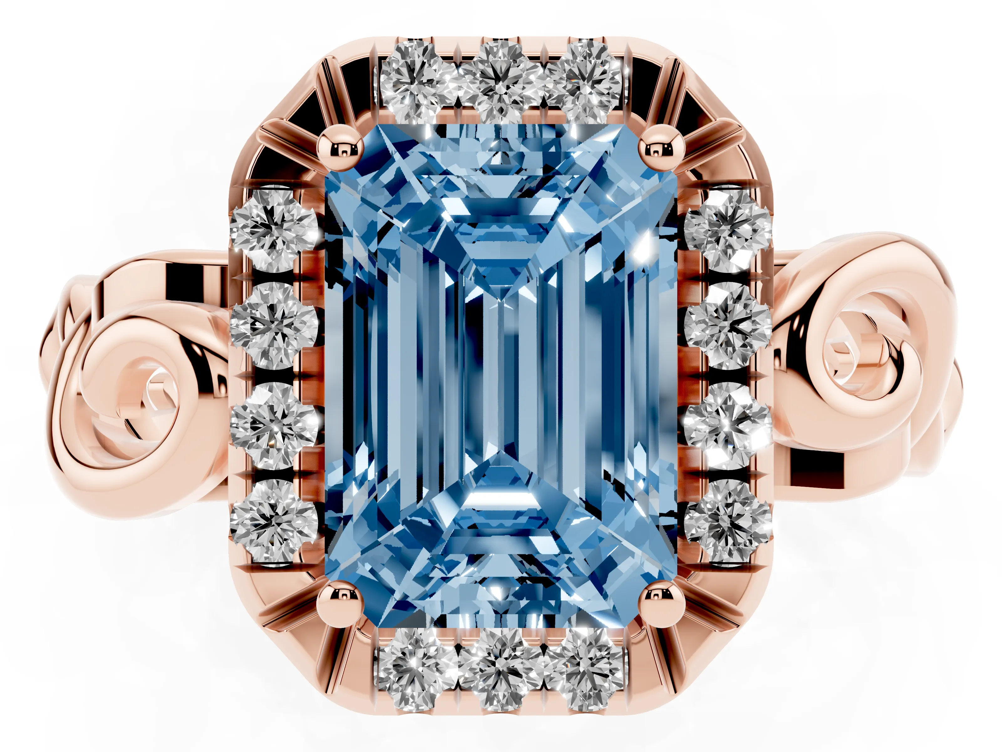 Fancy Blue Emerald Cut Diamond Halo Ring Set in Rose gold with Scrollwork Band and Prong Setting