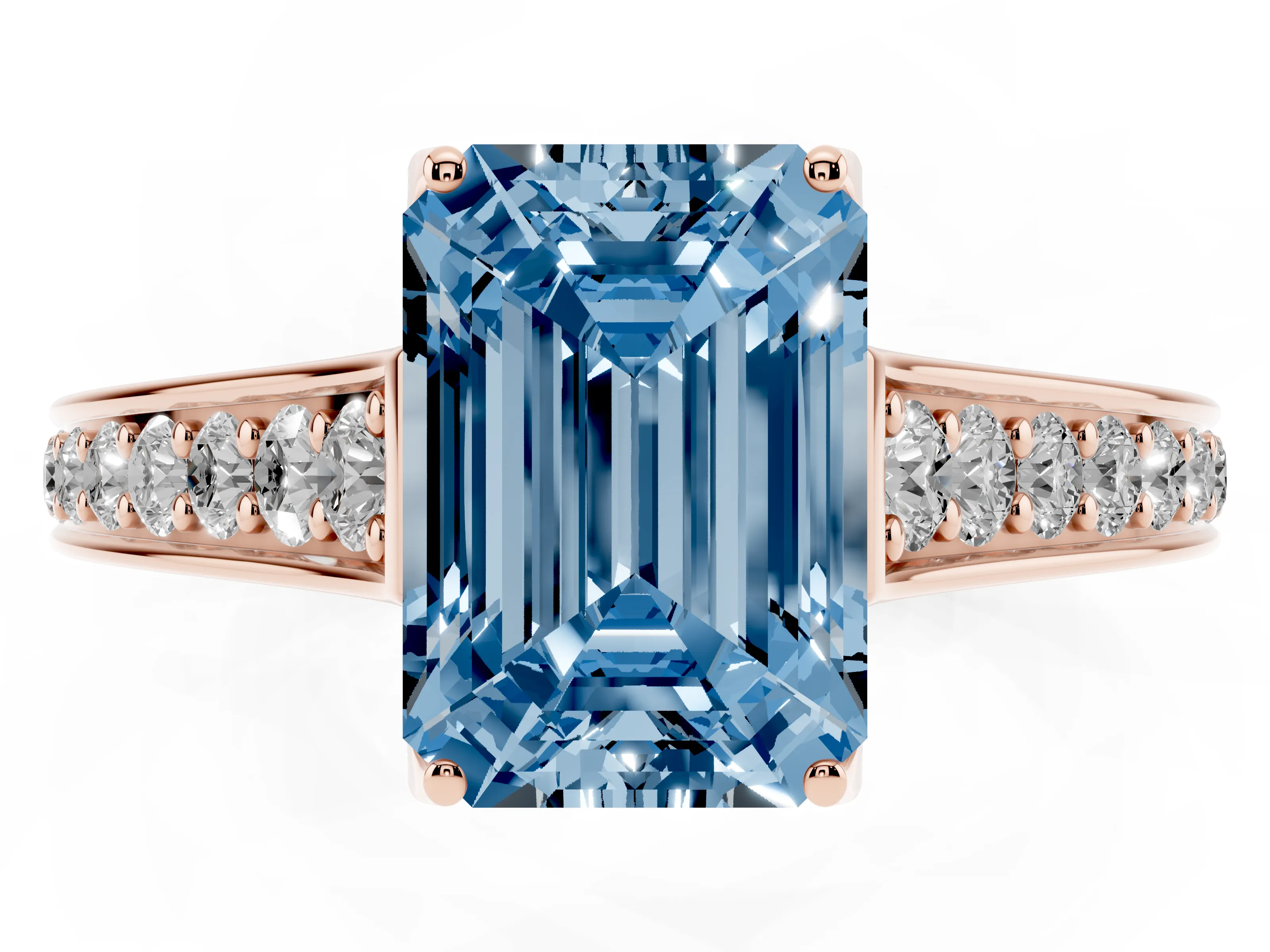 Fancy Blue Emerald Cut Diamond Solitaire Pavé Engagement Ring Set in Rose gold with Prong Setting
