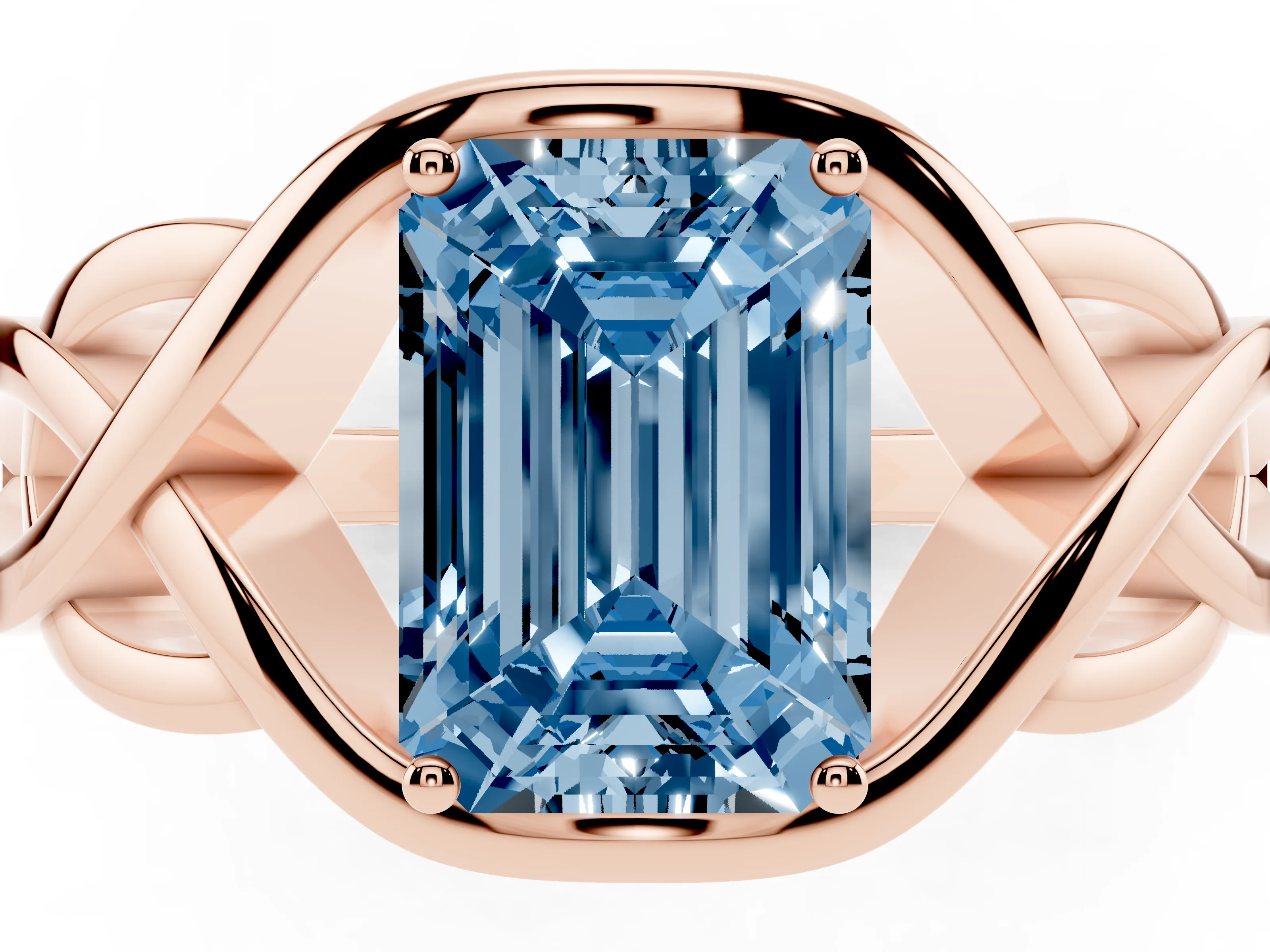 Fancy Blue Emerald Cut Diamond Solitaire Ring Set in Rose gold with Intertwined Band