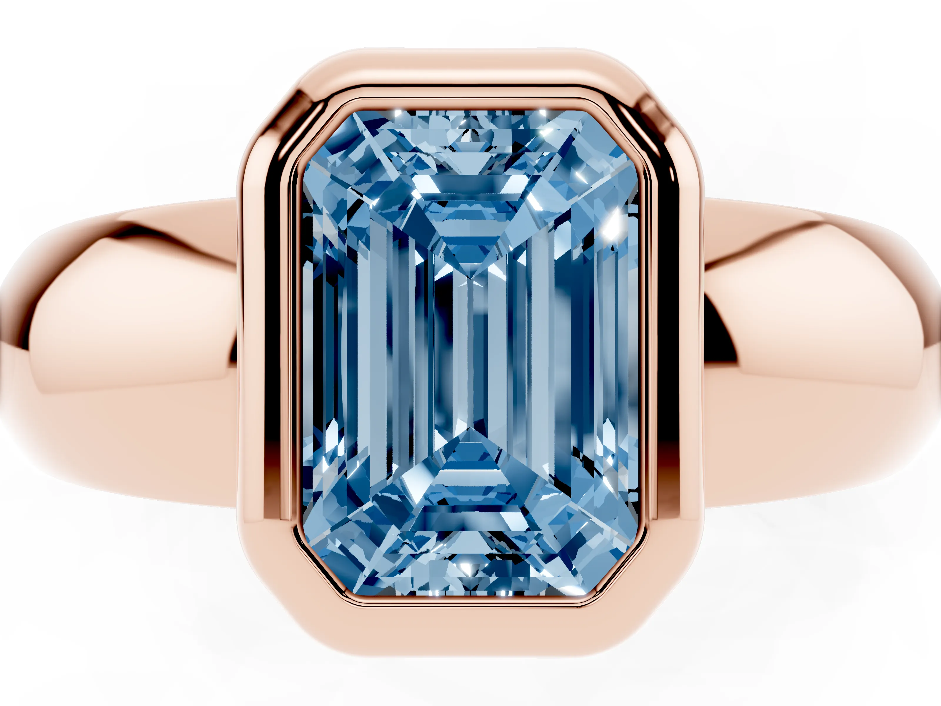 Fancy Blue Bezel Set Emerald Cut Diamond Solitaire Ring Set in Rose gold with Wide Band