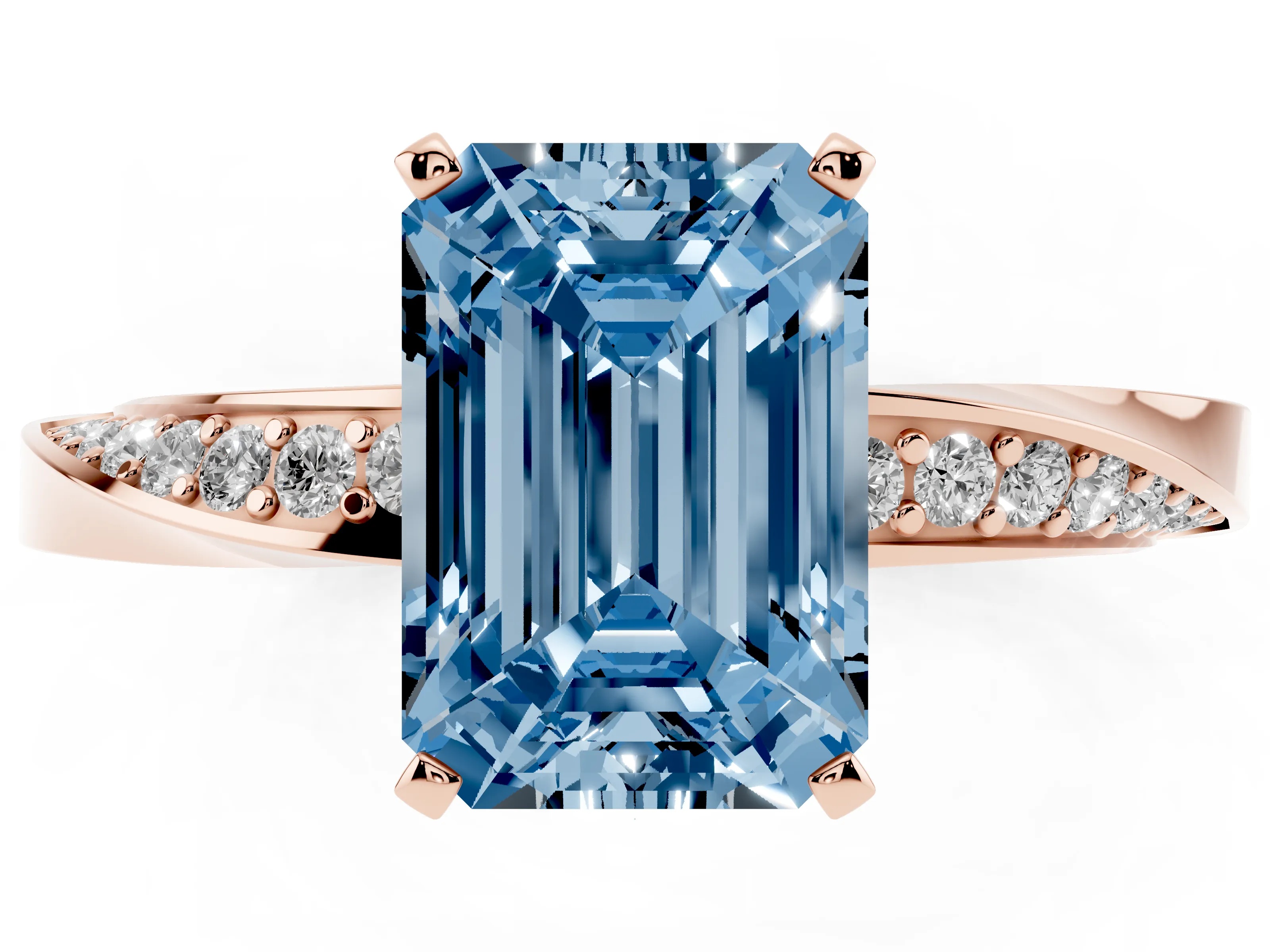 Fancy Blue Emerald Cut Diamond Engagement Ring Set in Rose gold with Side Stone Accents and Prong Setting