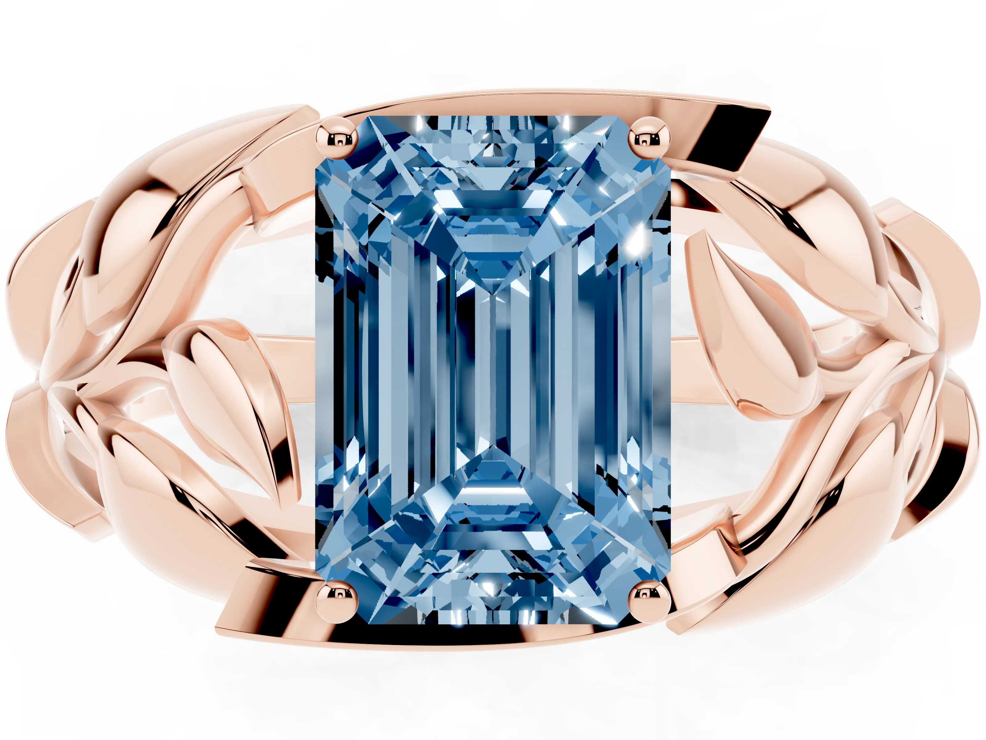 Fancy Blue Emerald Cut Diamond Leaf-Inspired Engagement Ring Set in Rose gold with Round Accents