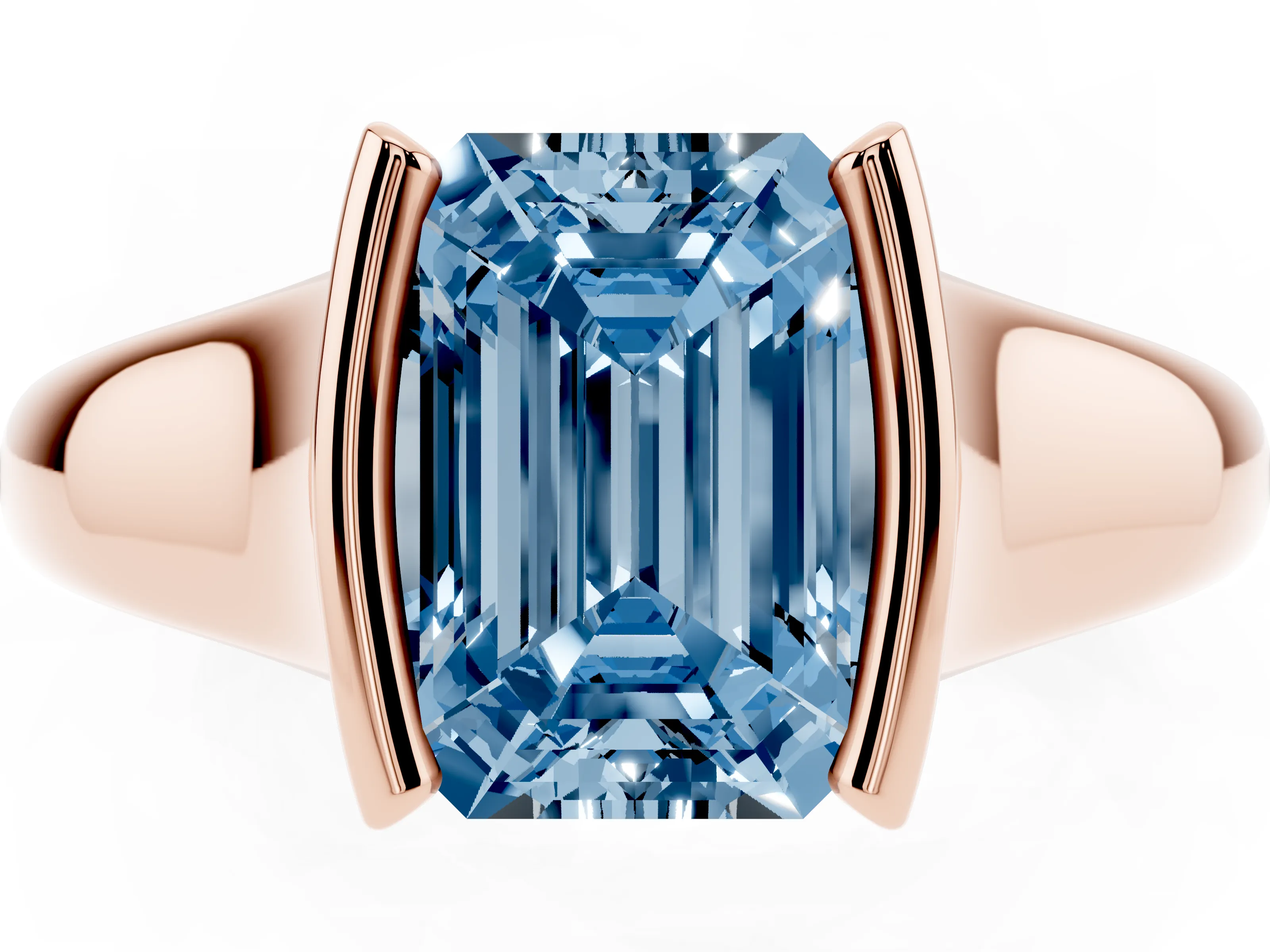 Fancy Blue Emerald Cut Diamond Solitaire Tension Set Ring Set in Rose gold with Split Shank Band