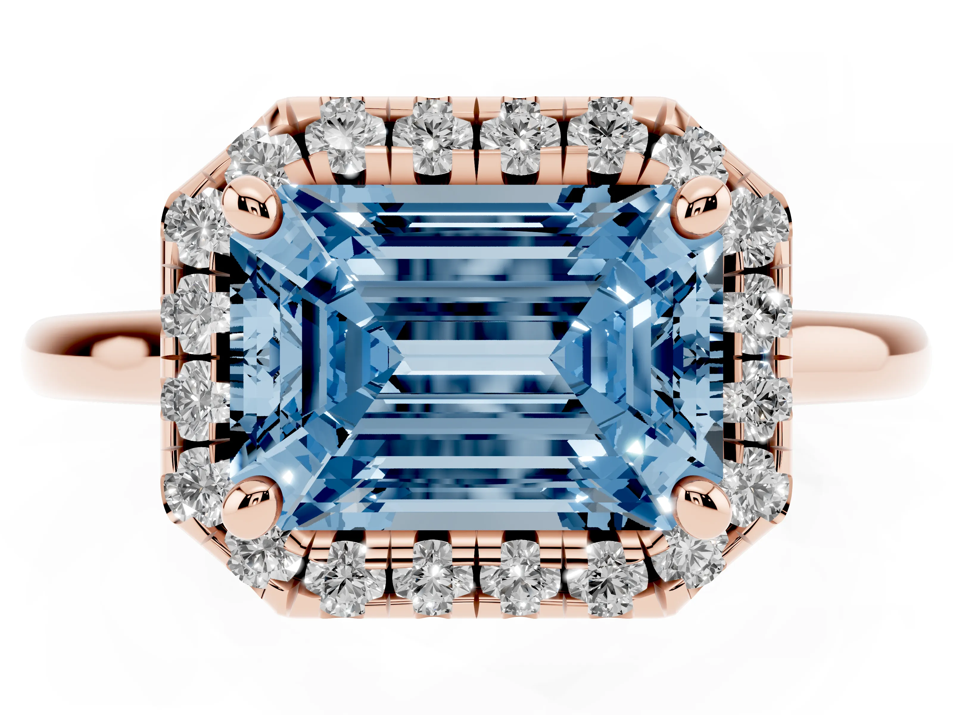 Fancy Blue Emerald Cut Diamond Halo Engagement Ring Set in Rose gold with Pavé Band and Rising Shoulders
