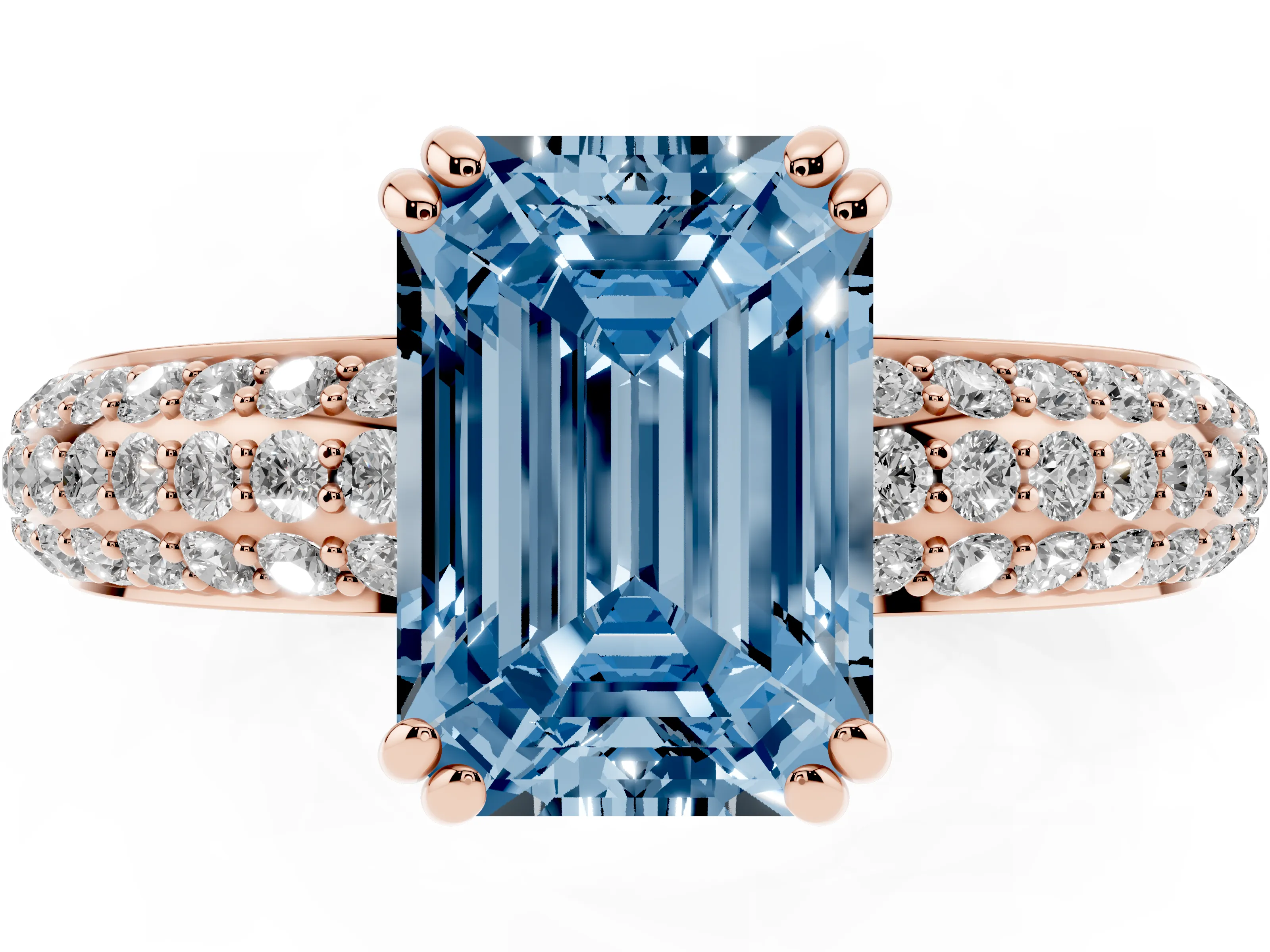 Fancy Blue Emerald Cut Diamond Solitaire Ring Set in Rose gold with Multi-Row Round Pavé Band and Prong Setting