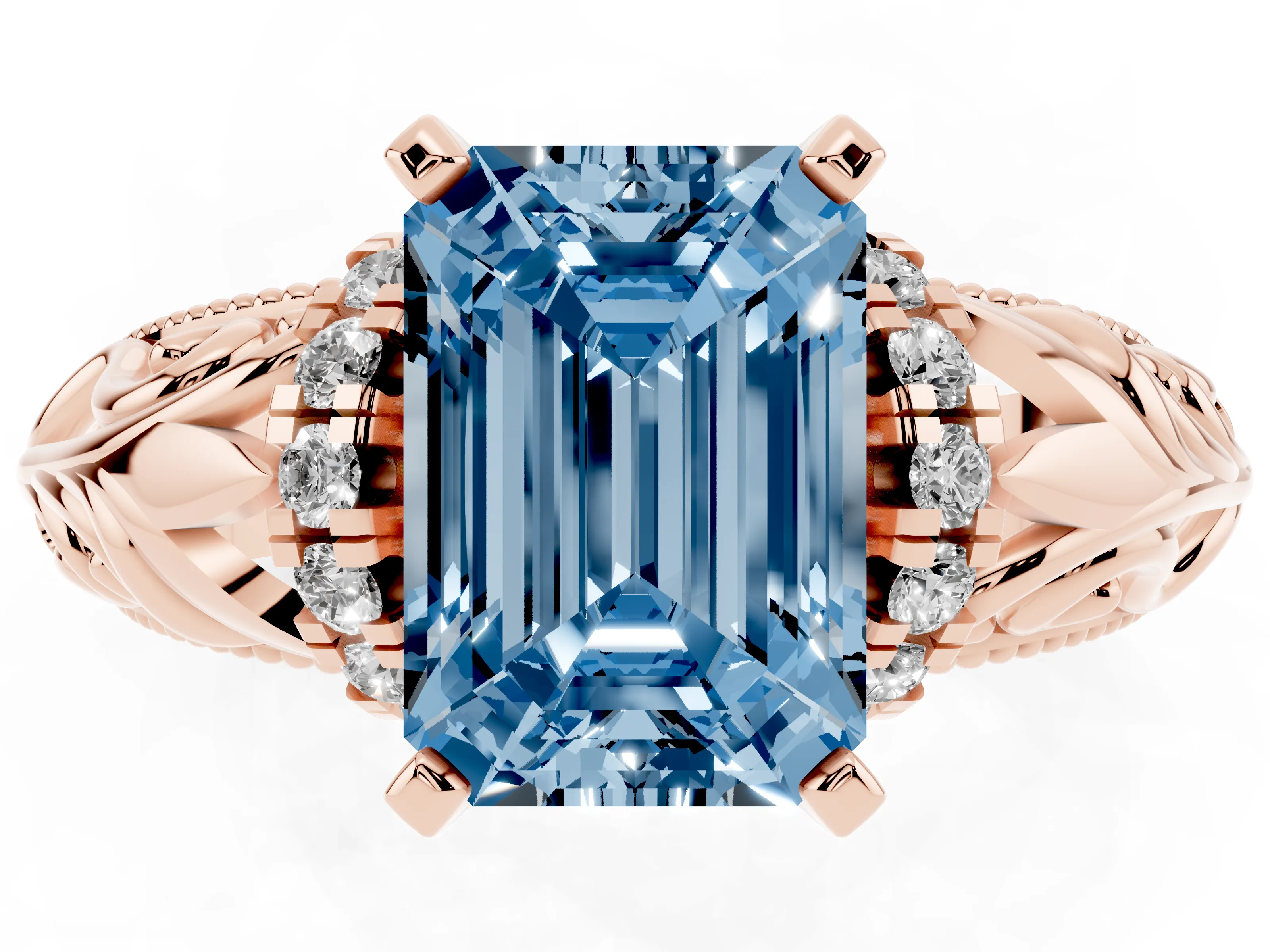 Fancy Blue Emerald Cut Diamond Filigree Halo Engagement Ring Set in Rose gold with Prong Setting