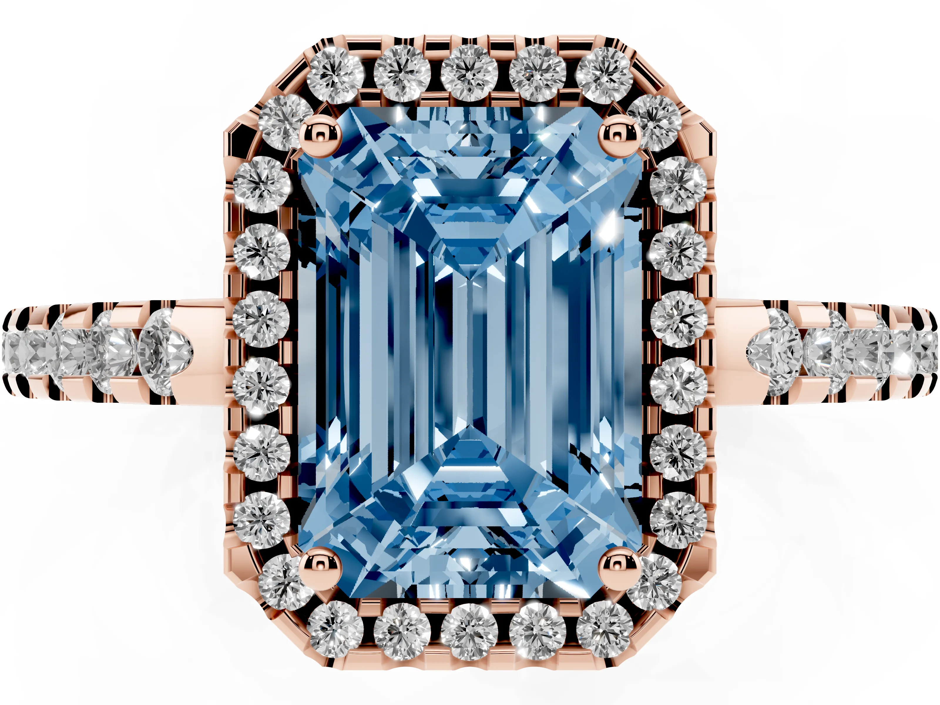 Fancy Blue Emerald Cut Diamond Halo Ring Set in Rose gold with Pavé Shoulders and Halo-Framed Center