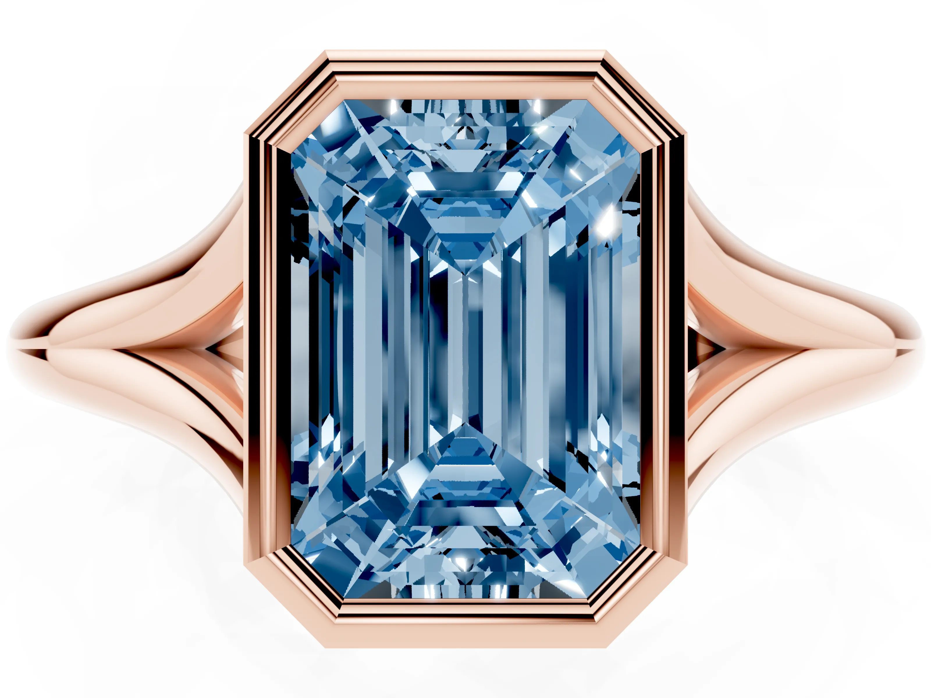 Fancy Blue Bezel Set Emerald Cut Diamond Solitaire Ring Set in Rose gold with Tapered Band