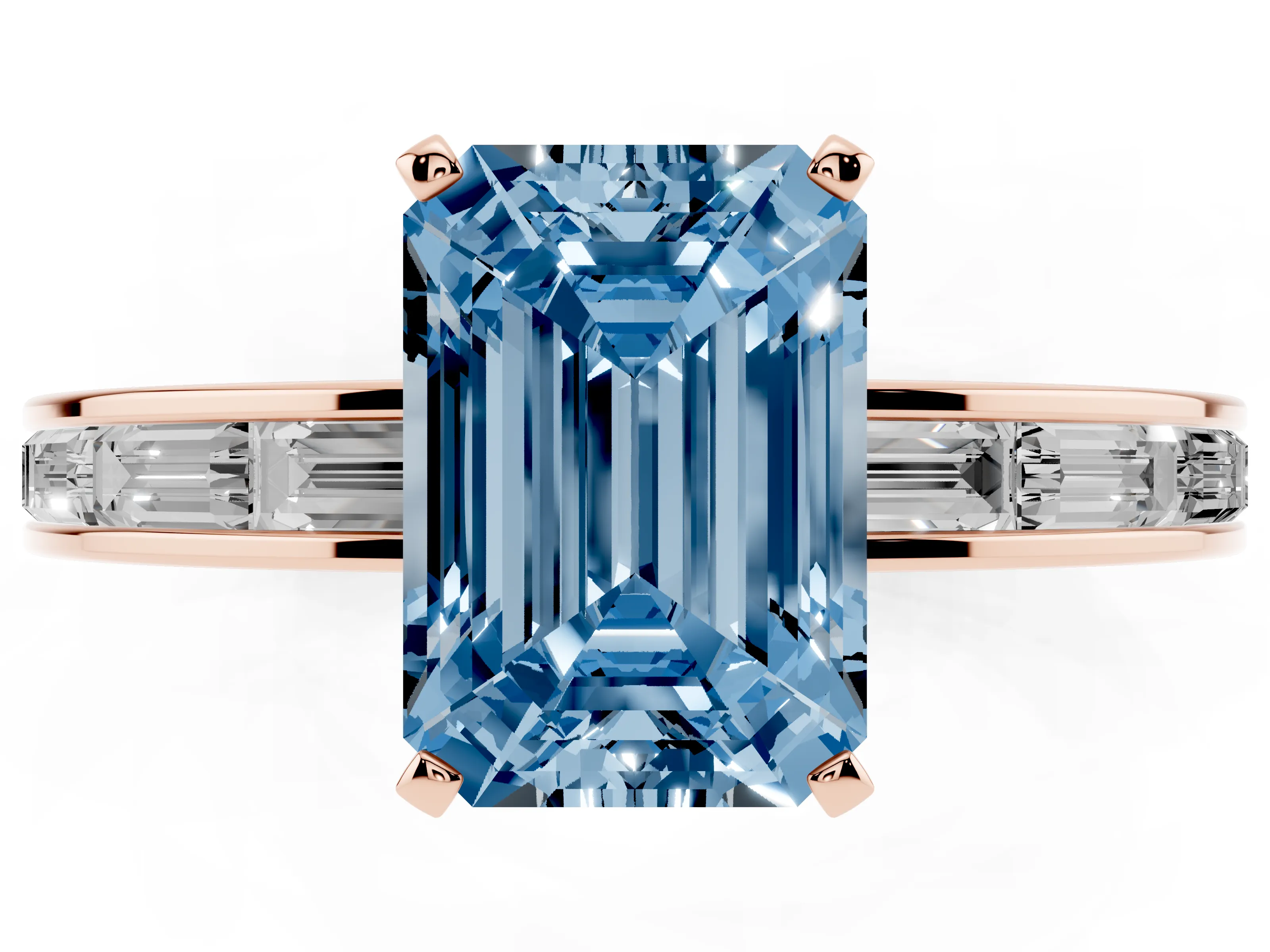 Fancy Blue Emerald Cut Diamond Solitaire Ring Set in Rose gold with Channel-Set Baguette Band and Prong Setting