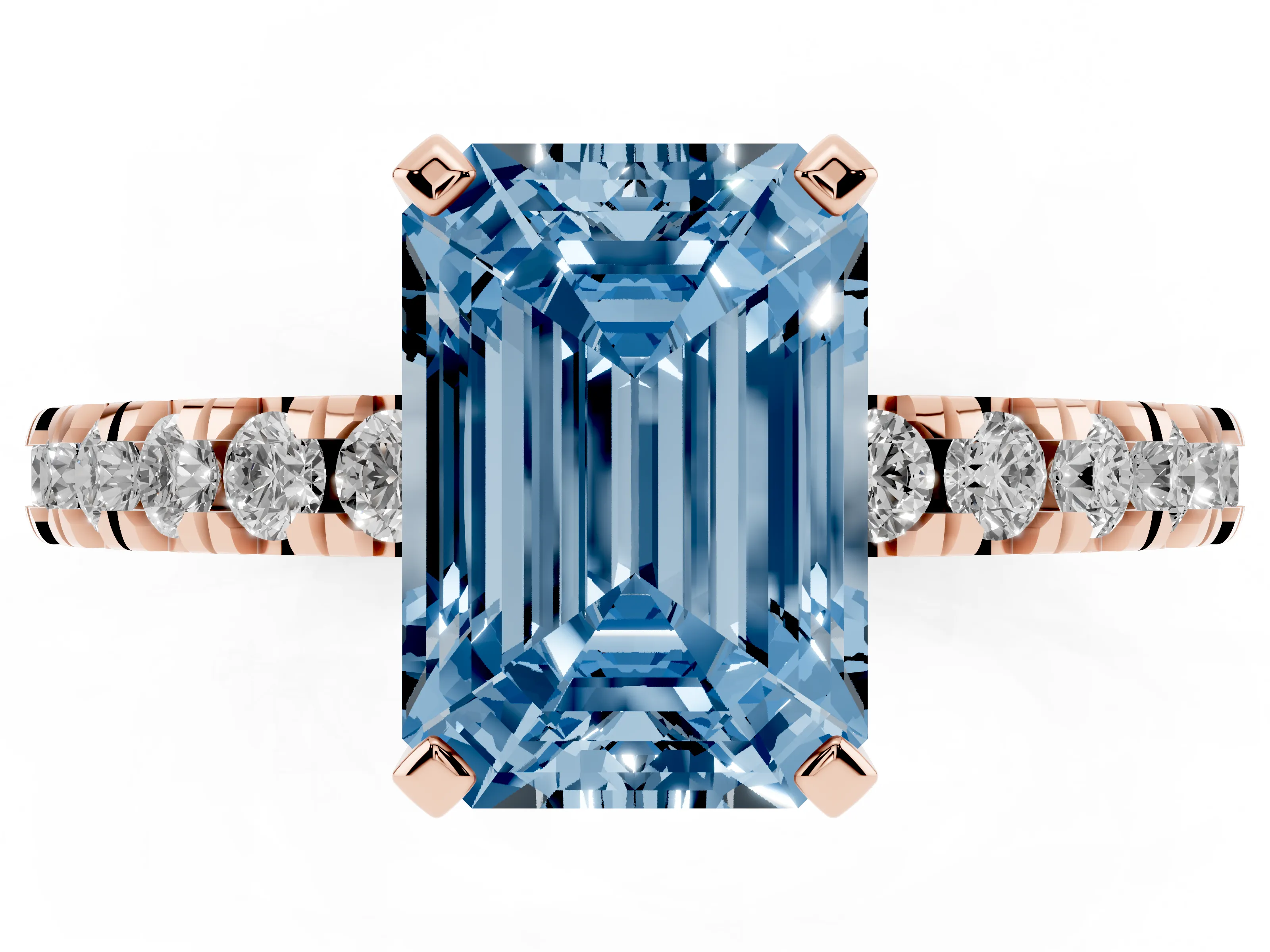 Fancy Blue Emerald Cut Diamond Pavé Band Solitaire Set in Rose gold with Prong Setting