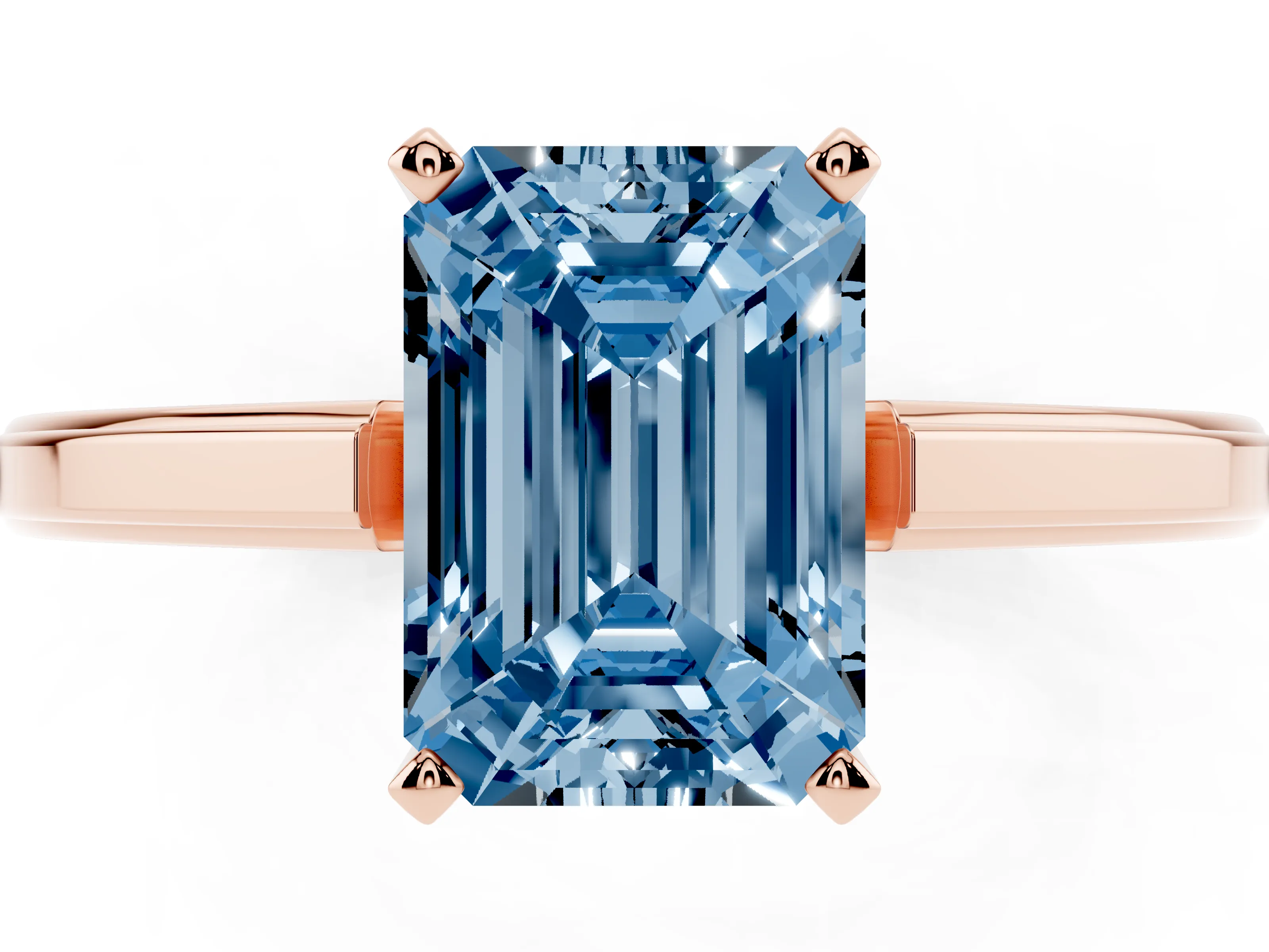 Fancy Blue Emerald Cut Diamond Solitaire Ring Set in Rose gold with Prong Setting and Classic Band