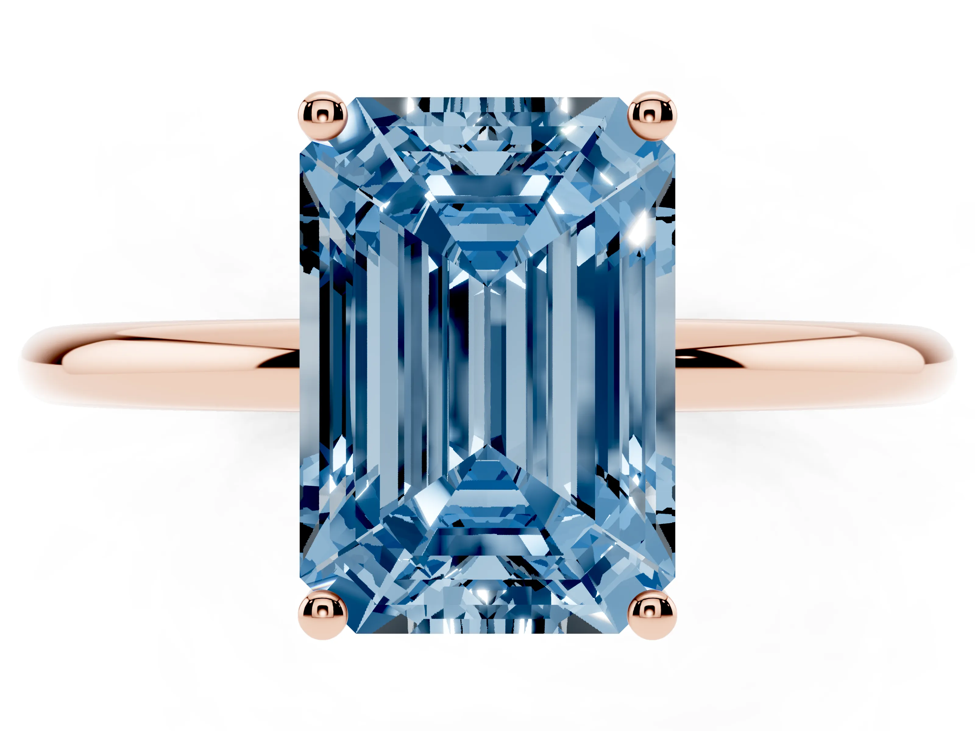 Fancy Blue Emerald Cut Diamond Solitaire Engagement Ring Set in Rose gold with Thin Band and Prong Setting