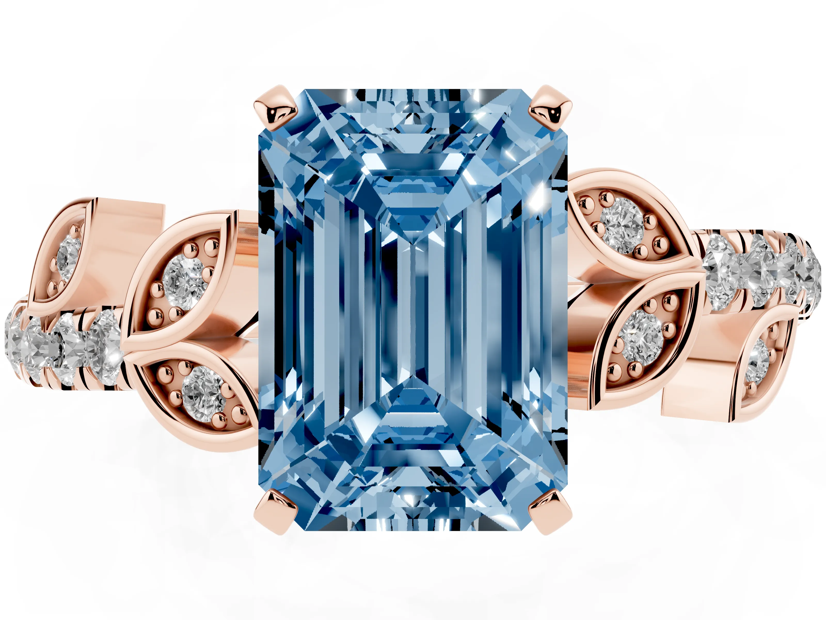 Fancy Blue Emerald Cut Diamond Solitaire Leaf-Inspired Ring Set in Rose gold with Pavé Band and Prong Setting