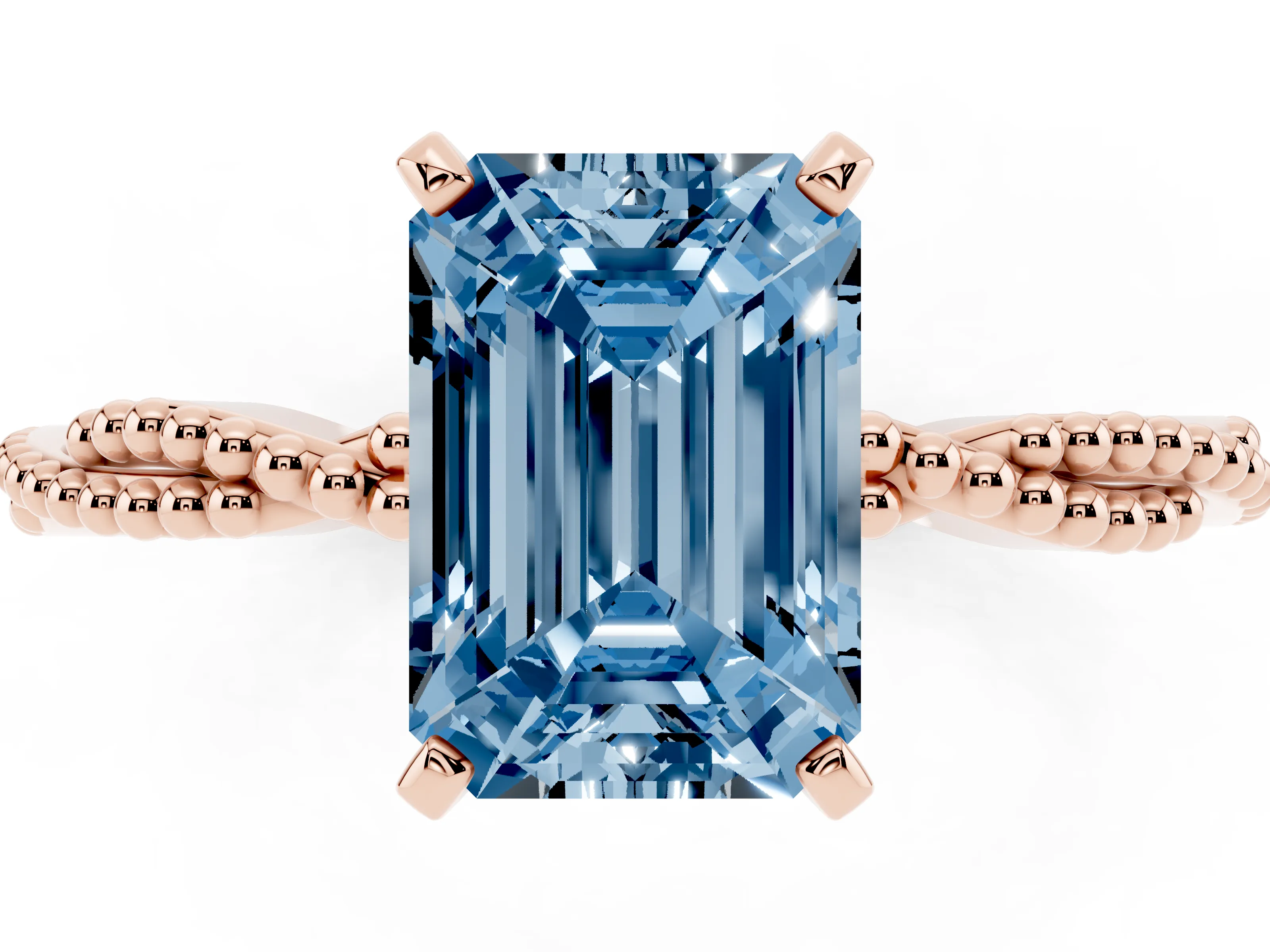 Fancy Blue Emerald Cut Diamond Solitaire Ring Set in Rose gold with Twisted Band and Bead Prong Setting