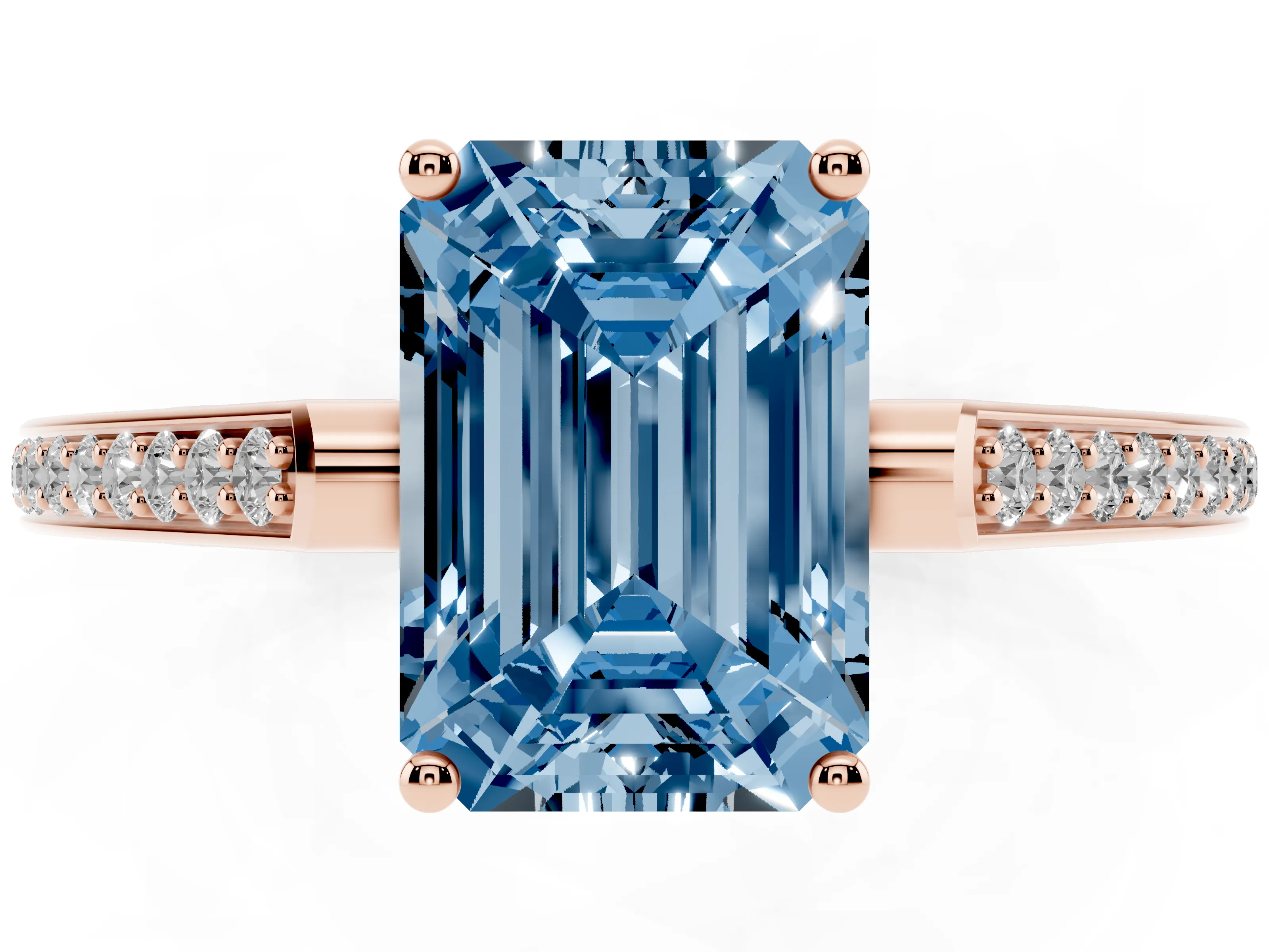 Fancy Blue Emerald Cut Diamond Cathedral Pavé Engagement Ring Set in Rose gold with Prong Setting