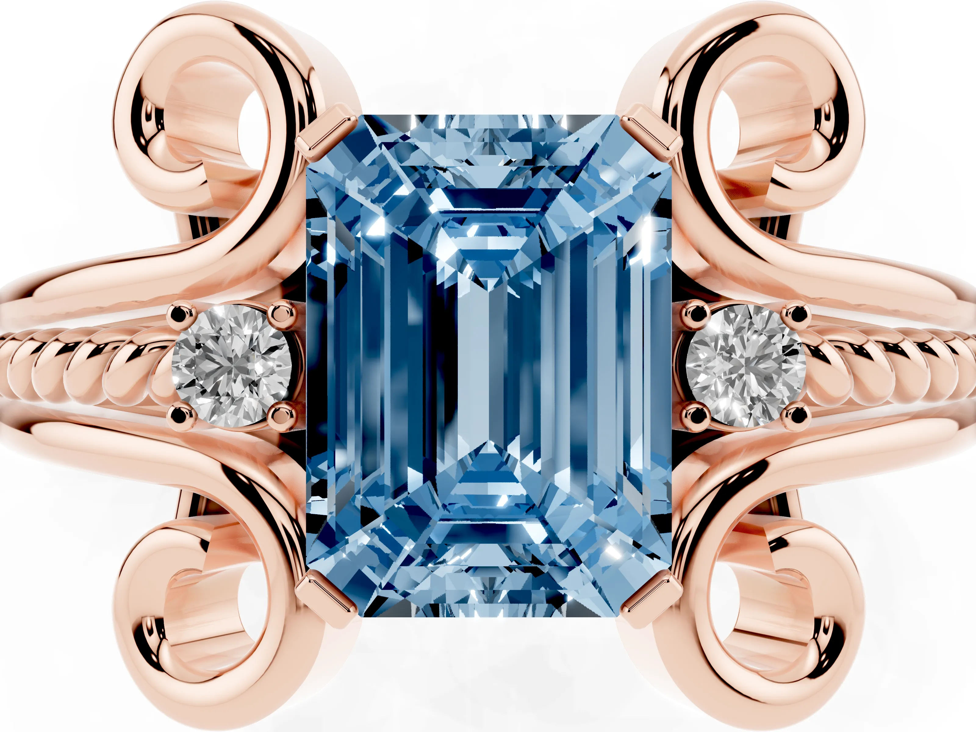 Fancy Blue Emerald Cut Diamond Twisted Band Solitaire Ring Set in Rose gold with Scroll Prongs