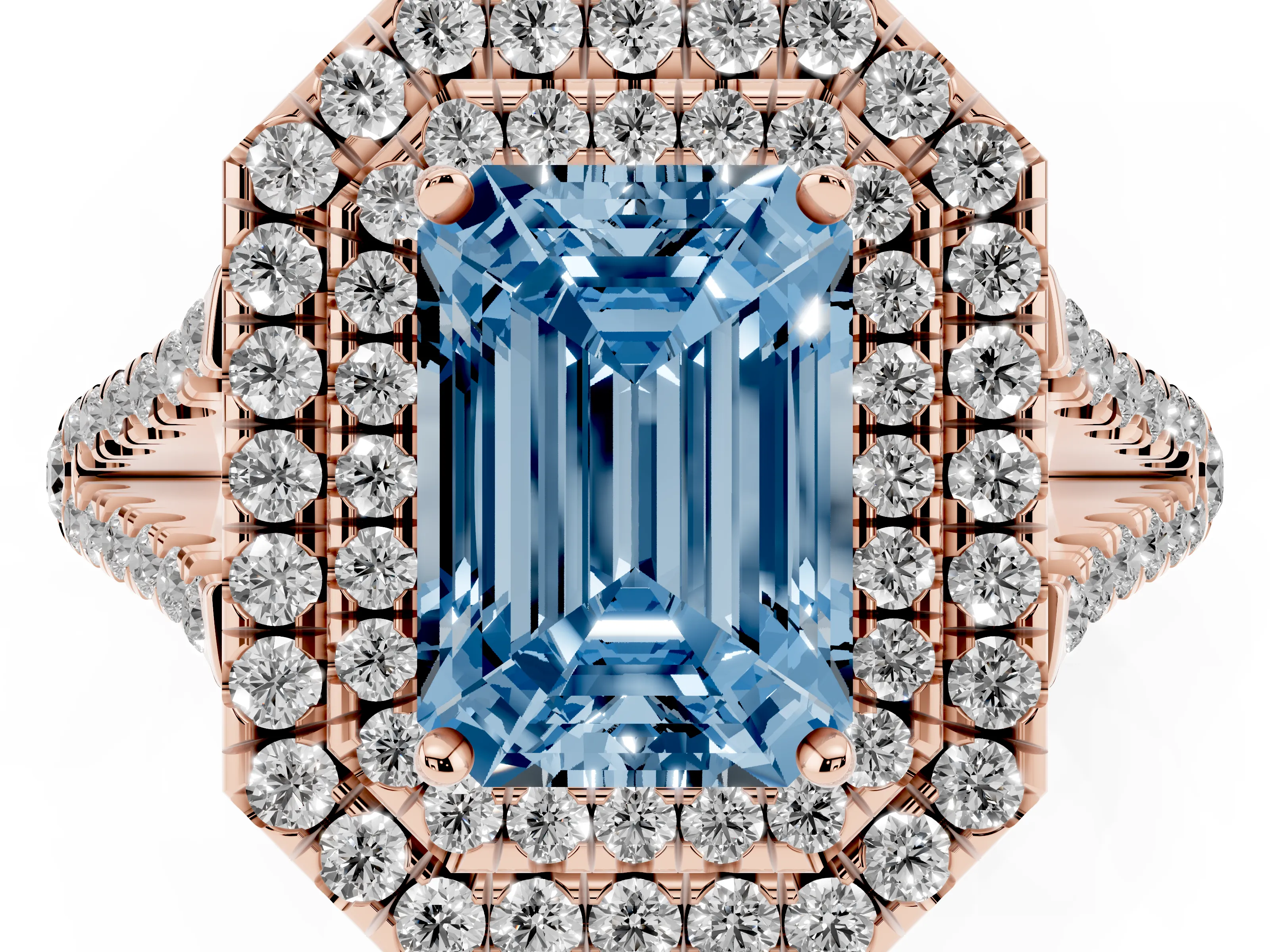 Fancy Blue Emerald Cut Diamond Double Halo Ring Set in Rose gold with Pavé Band