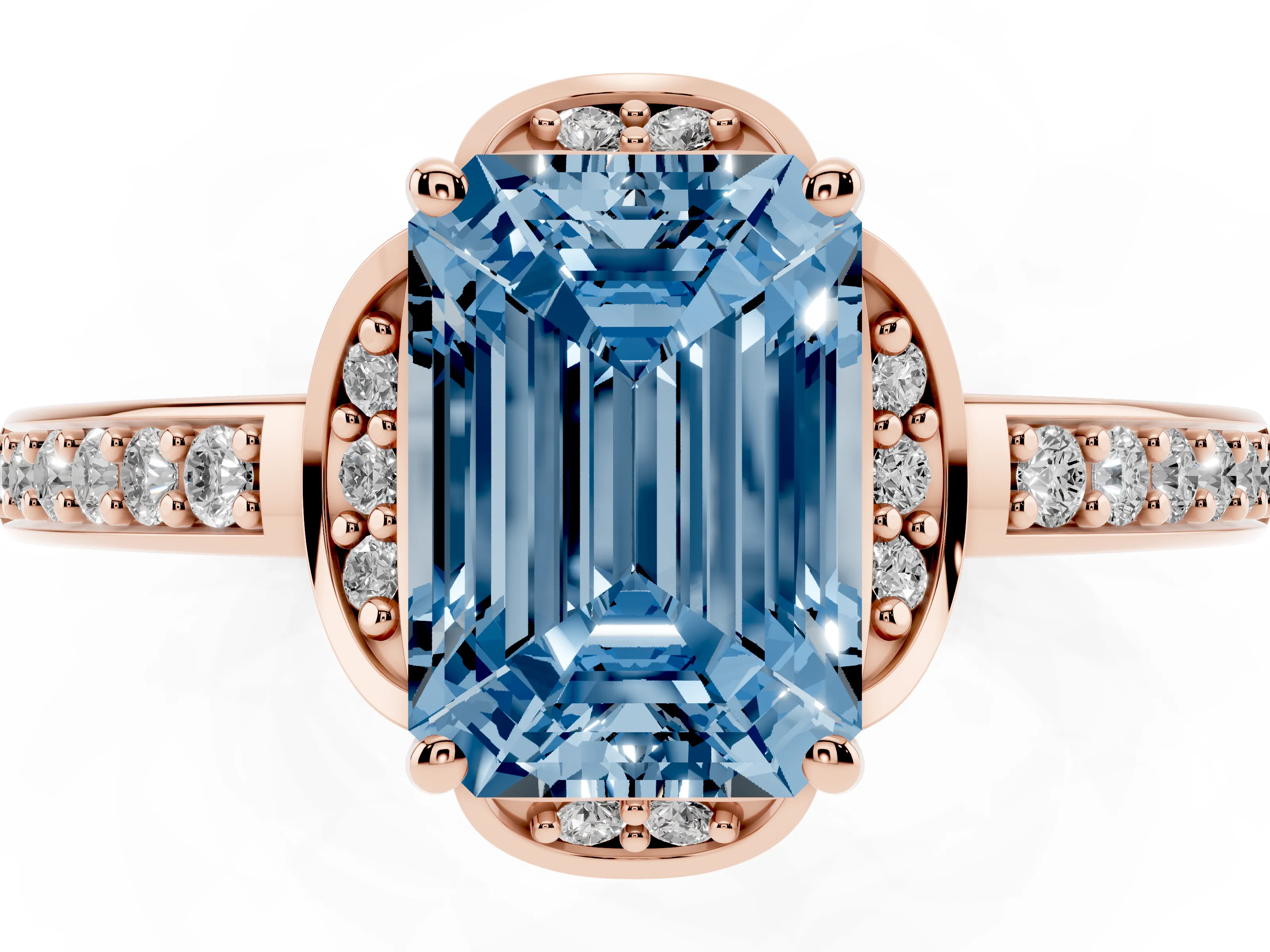 Fancy Blue Emerald Cut Diamond Halo Ring Set in Rose gold with Channel Set Band and Prong Setting