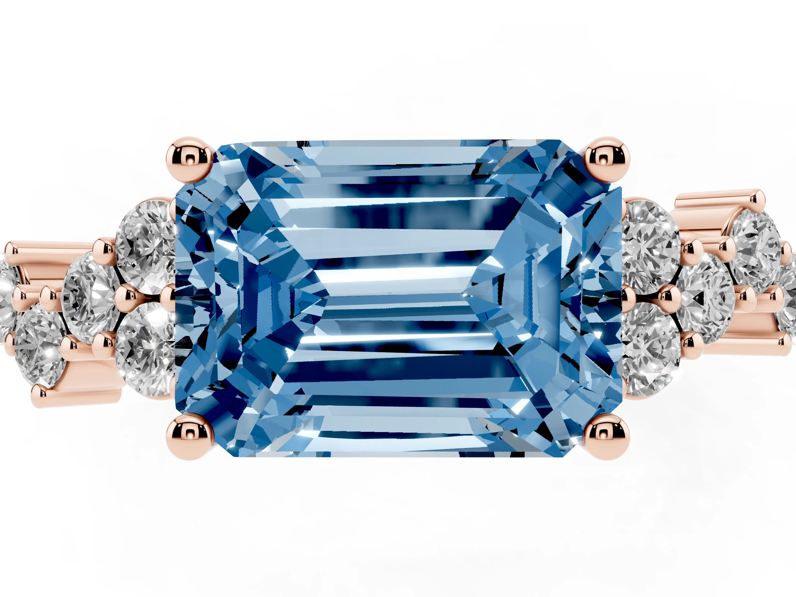 Fancy Blue Emerald Cut Diamond Ring Set in Rose gold with Scattered Round Accents