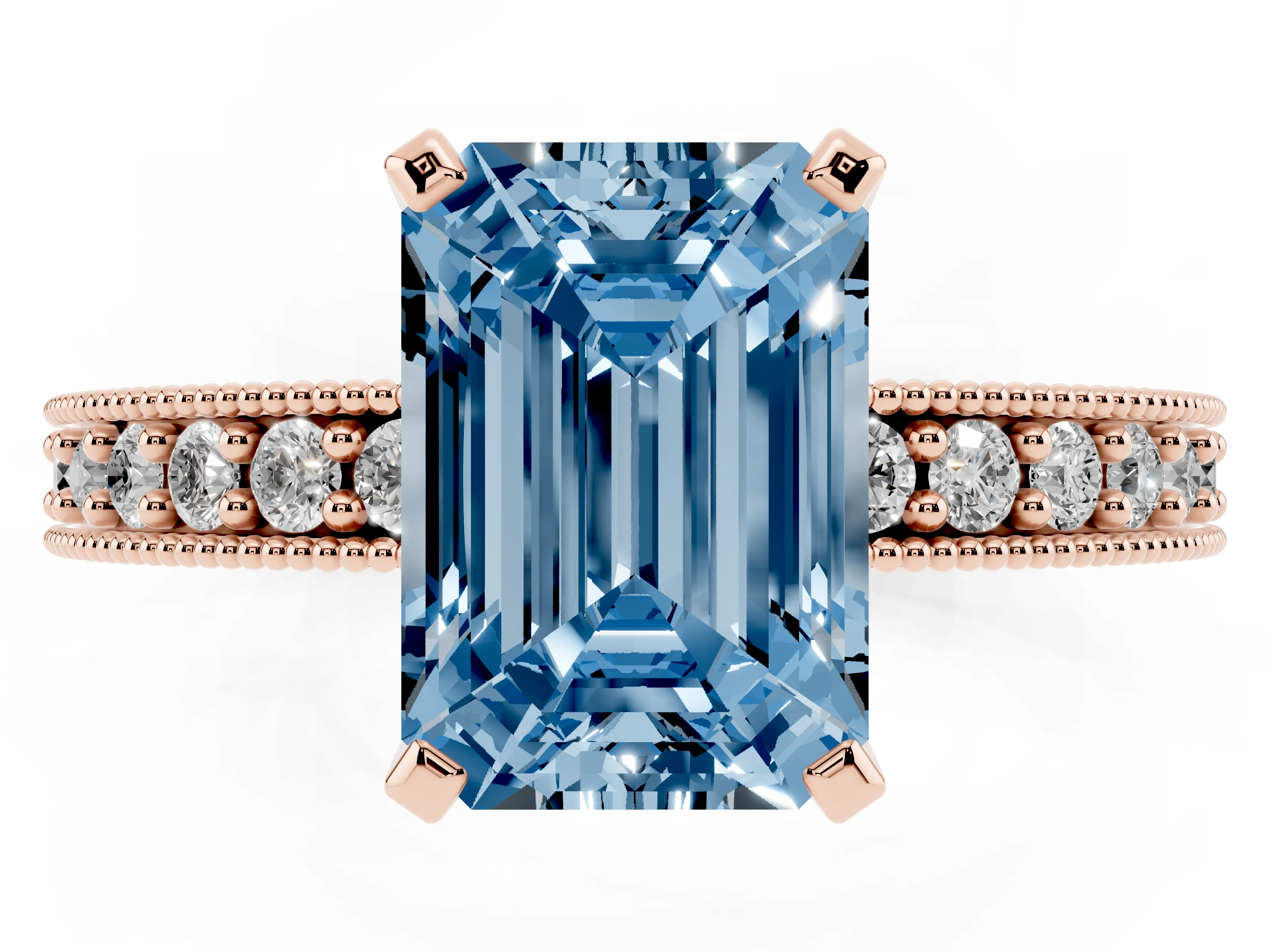Fancy Blue Emerald Cut Diamond Milgrain Pavé Engagement Ring Set in Rose gold with Prong Setting