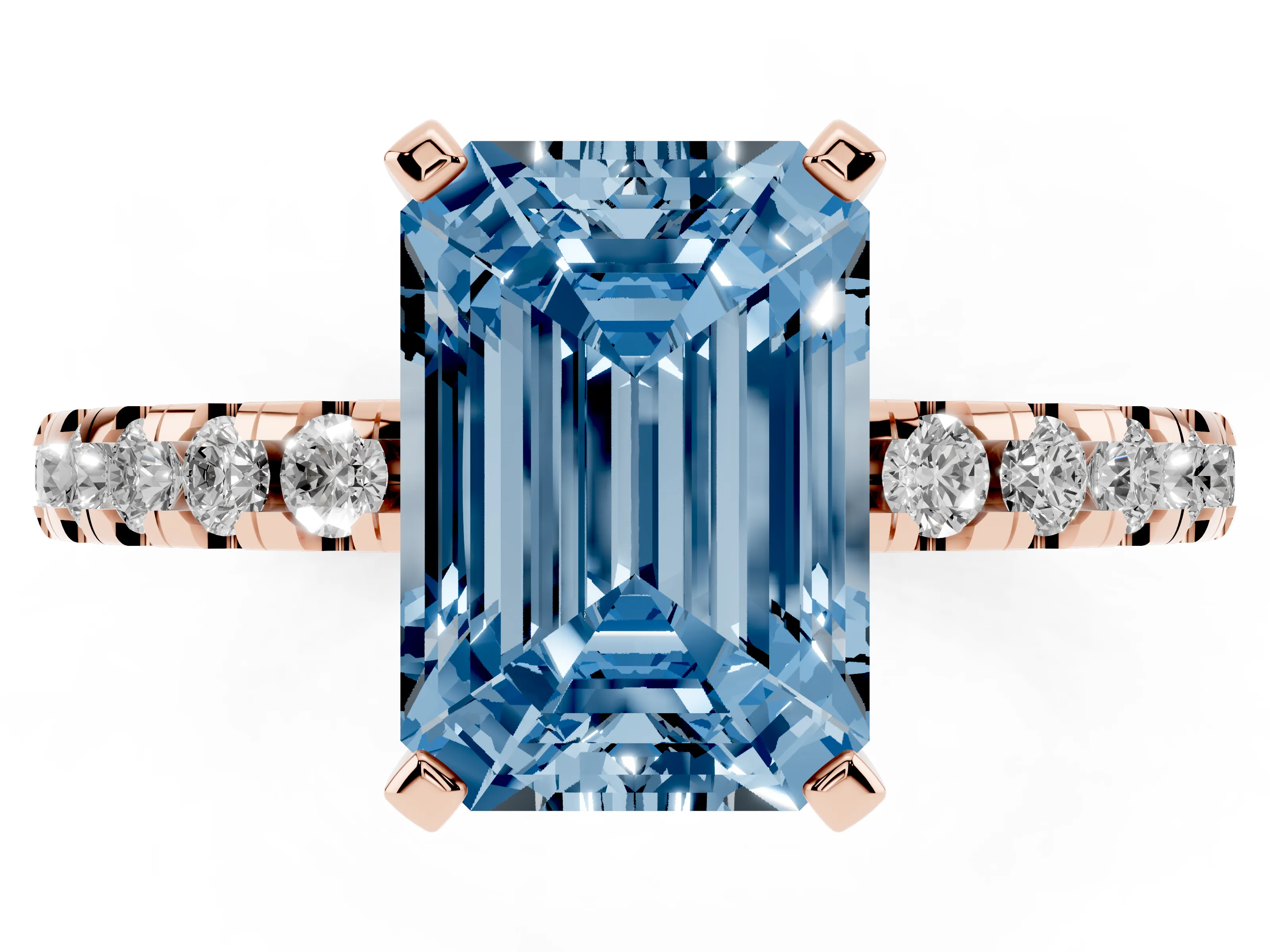 Fancy Blue Emerald Cut Diamond Pavé Solitaire Ring Set in Rose gold with Round Band Accents and Prong Setting