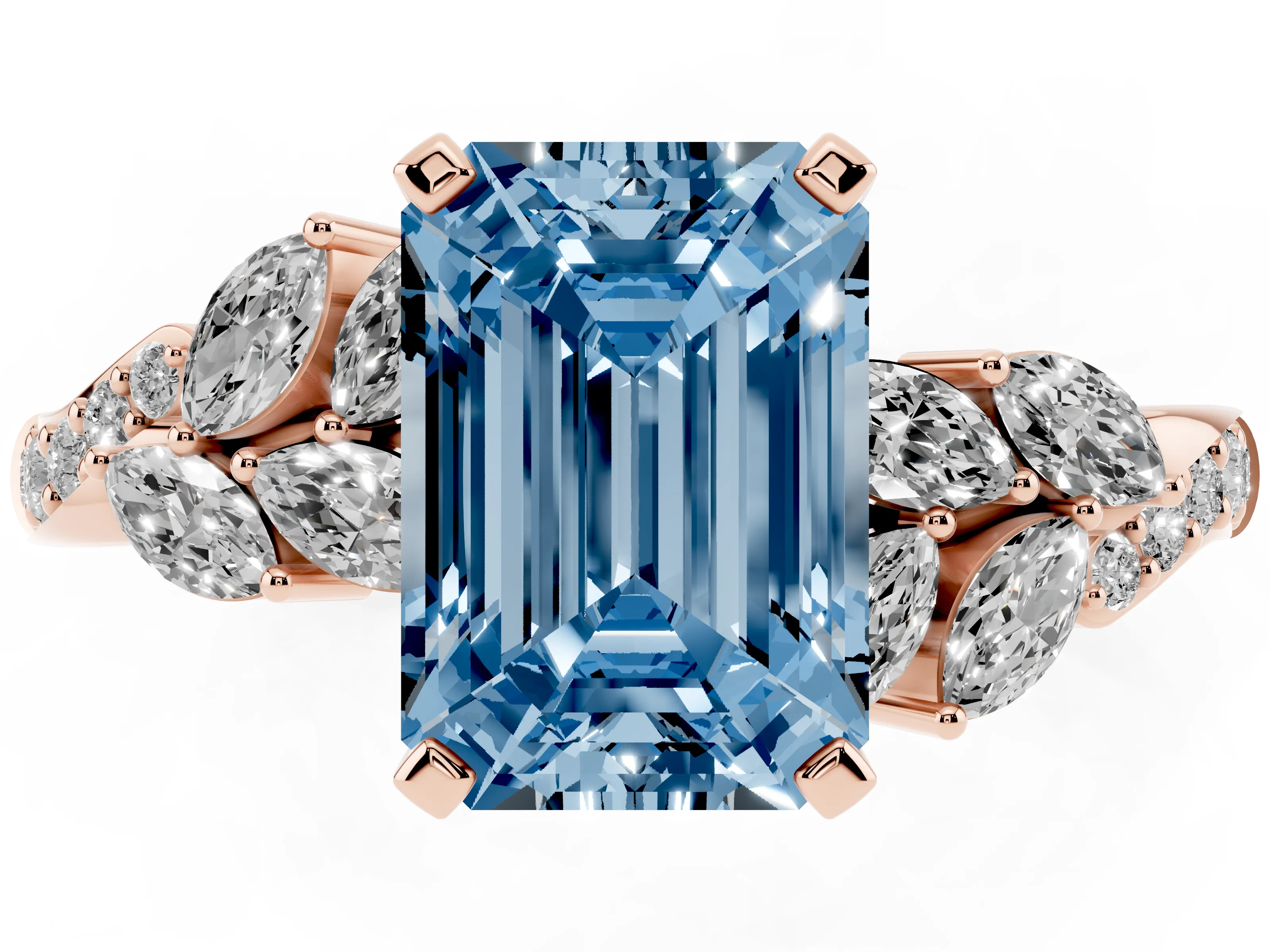 Fancy Blue Emerald Cut Diamond Solitaire Ring Set in Rose gold with Marquise Twist Band and Prong Setting