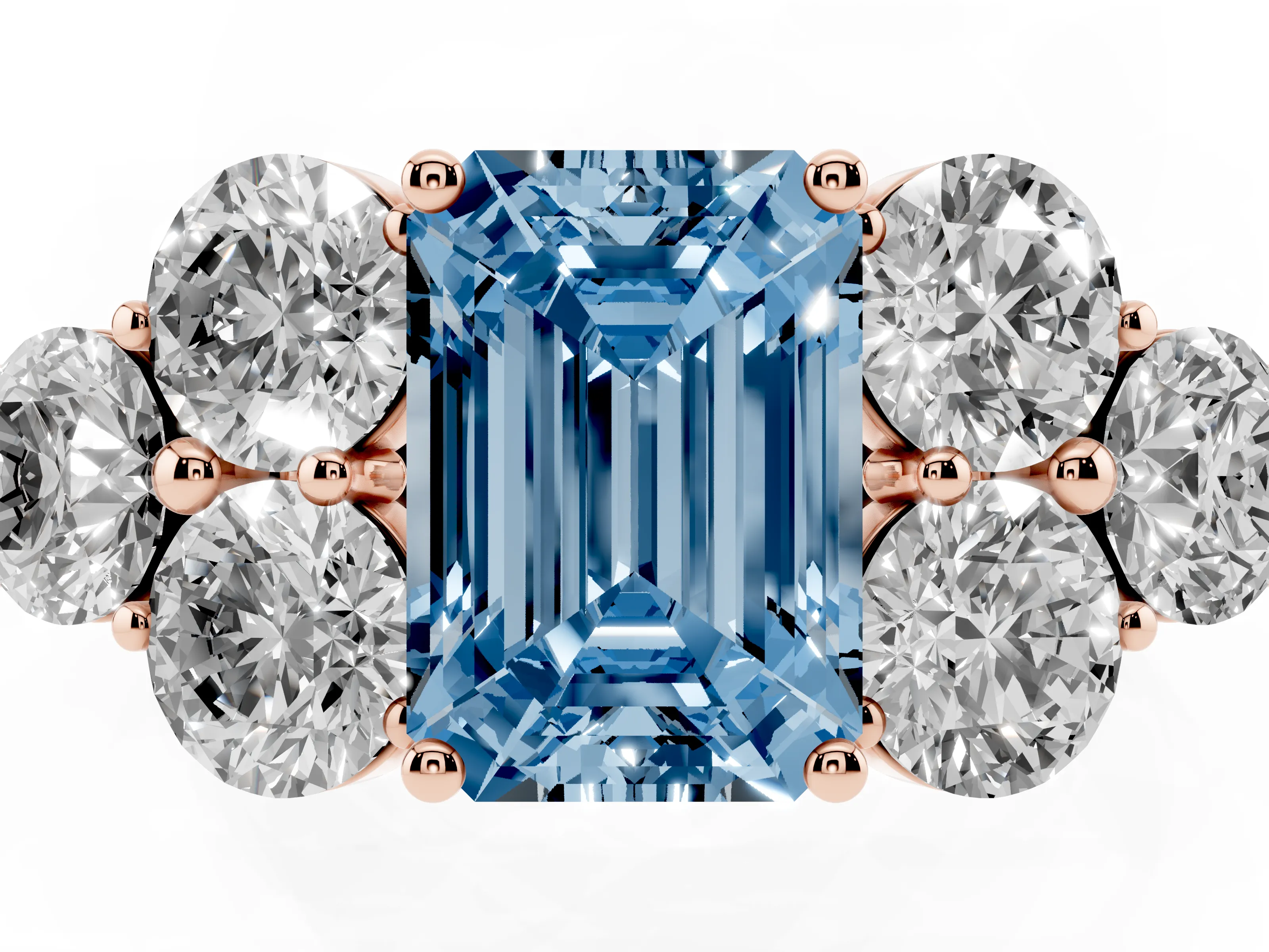 Fancy Blue Emerald Cut Diamond Cluster Ring Set in Rose gold with Round Accent Stones and Prong Setting on a Plain Band