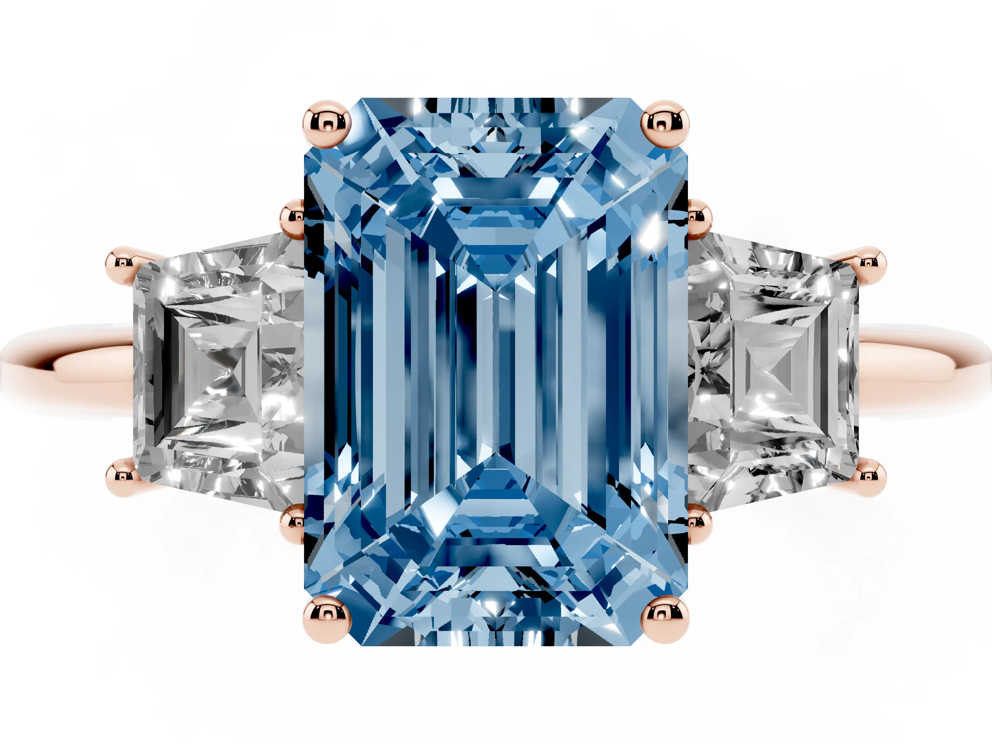 Fancy Blue Emerald Cut Diamond Three-Stone Ring Set in Rose gold with Trapezoid Side Stones and Prong Setting