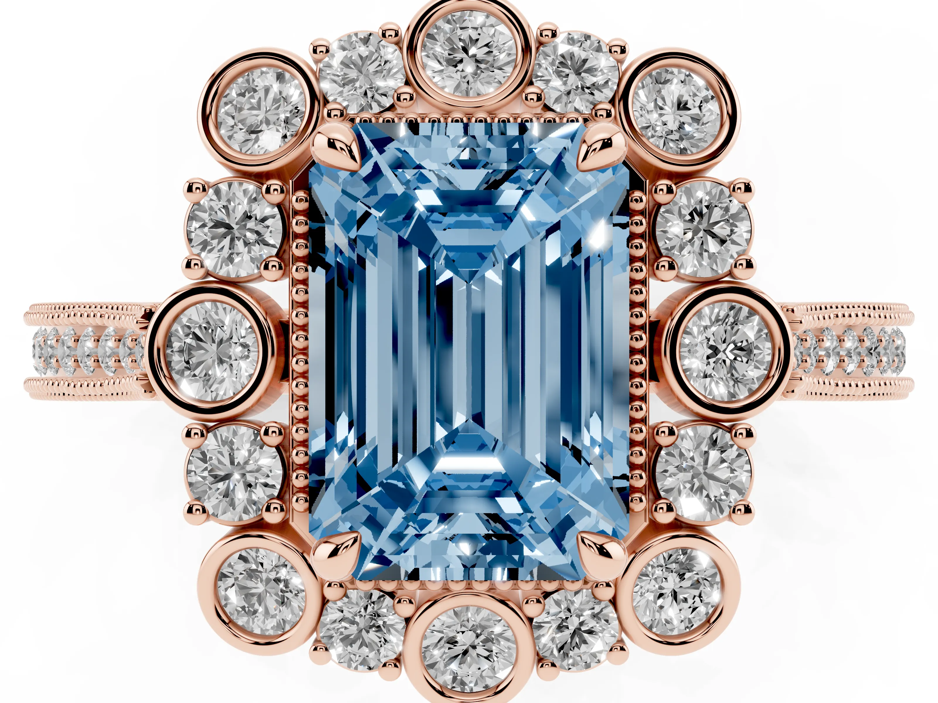 Fancy Blue Emerald Cut Diamond Halo Milgrain Pavé Ring Set in Rose gold with Prong Setting